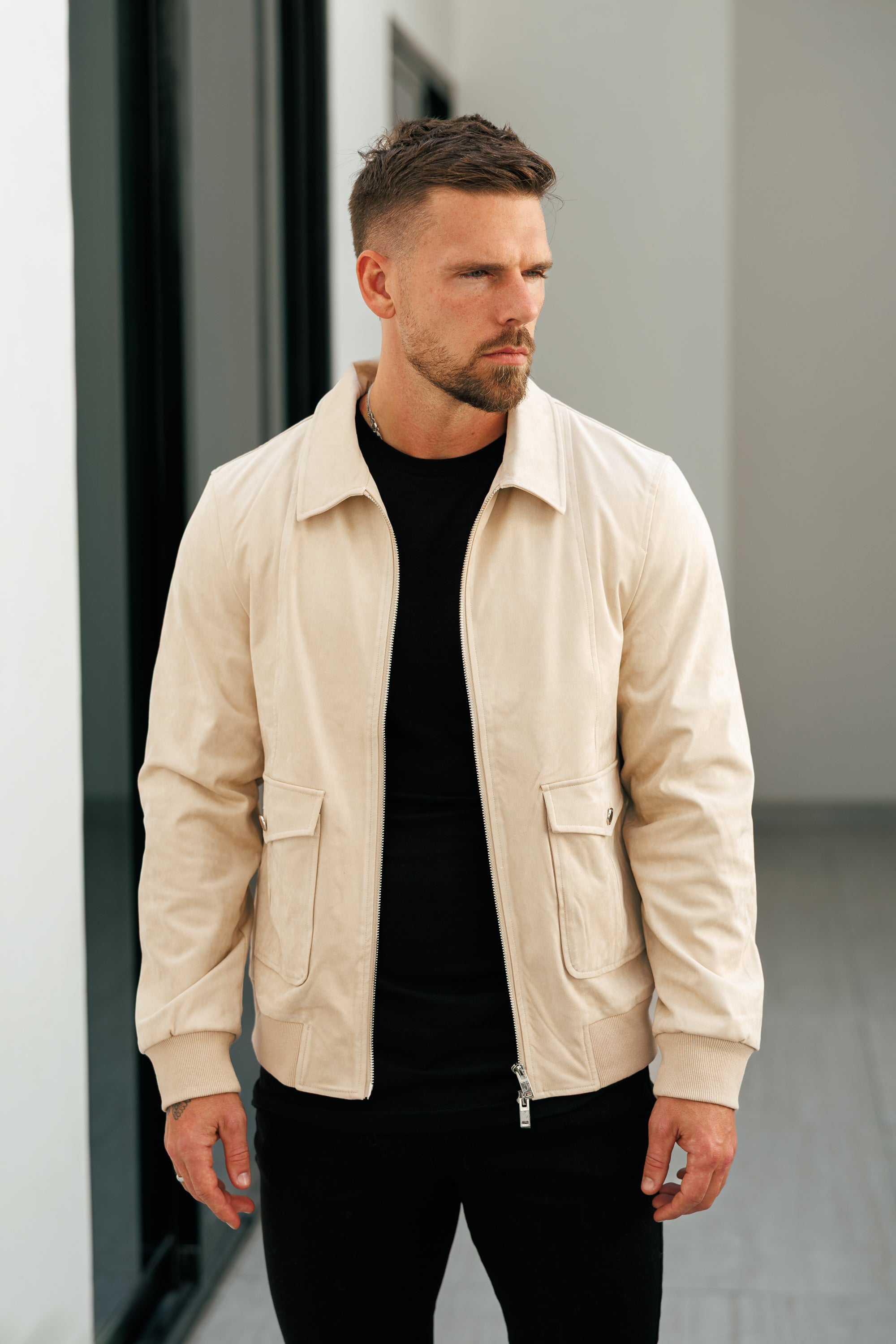 Suede Feel Beige Bomber Jacket - FSN228