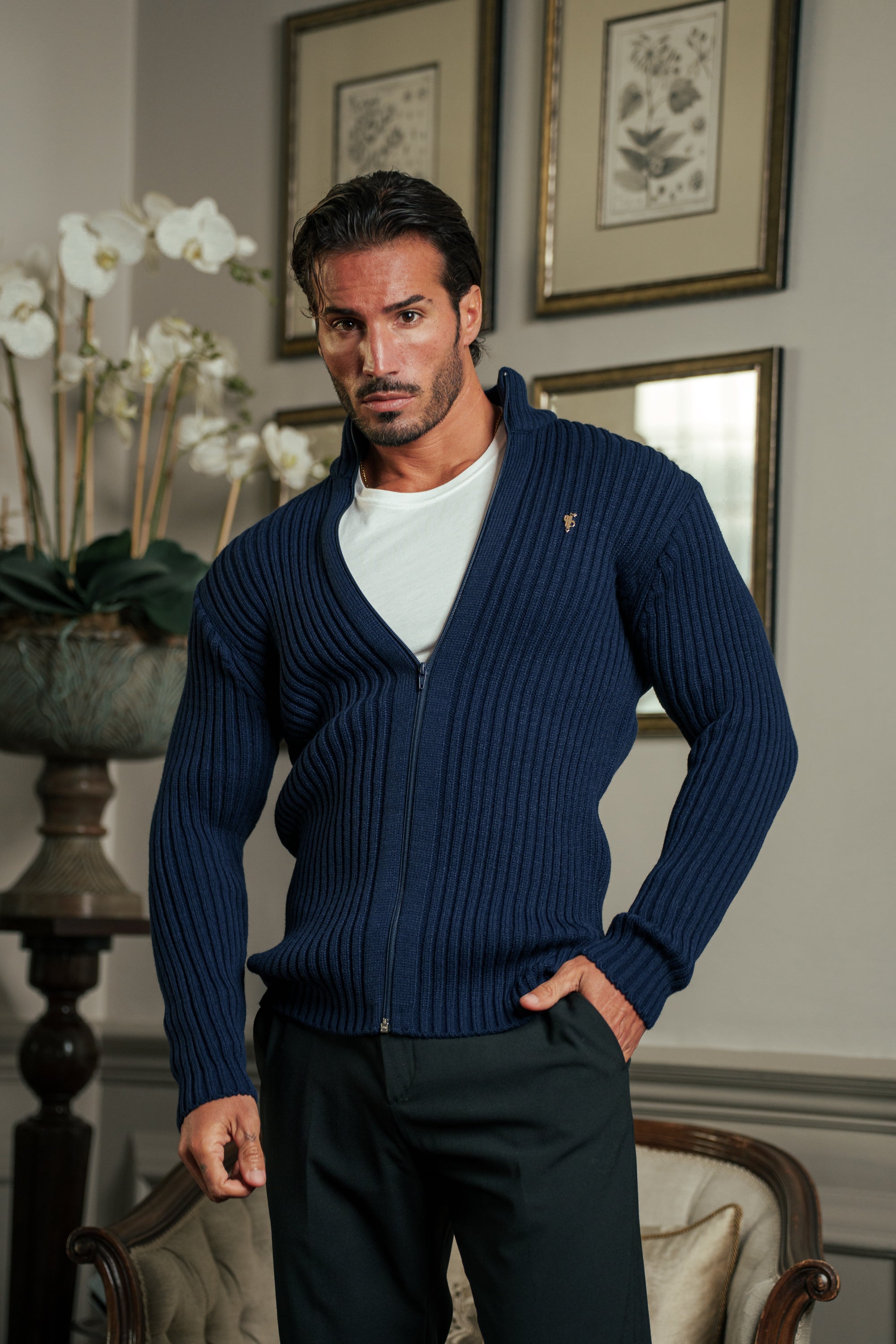 Chunky Navy Splash Ribbed Zipped Cardigan with Gold Emblem- FSJ098