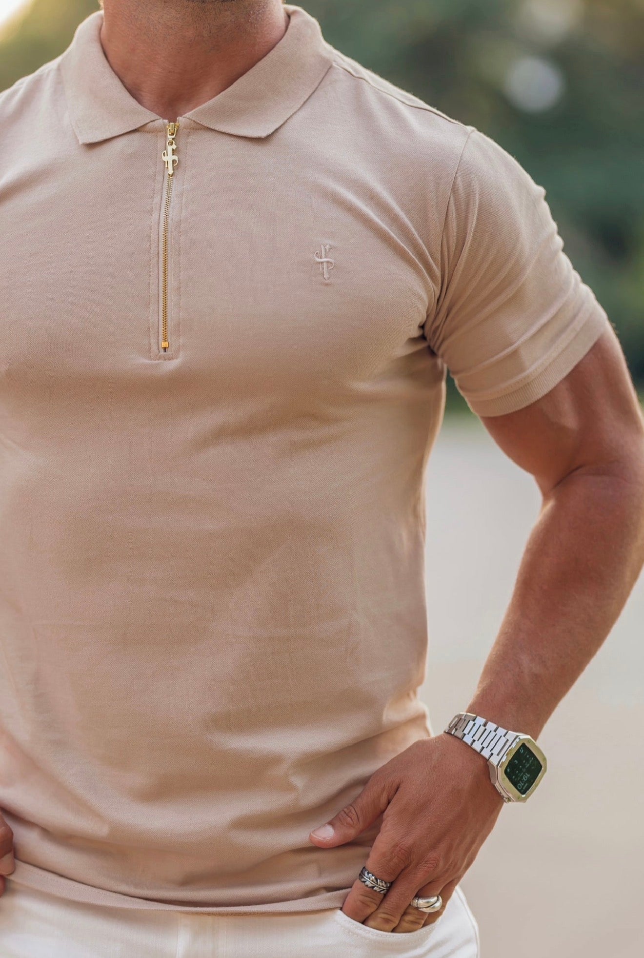 Classic Beige and Gold Zipped Polo Shirt - FSH1522