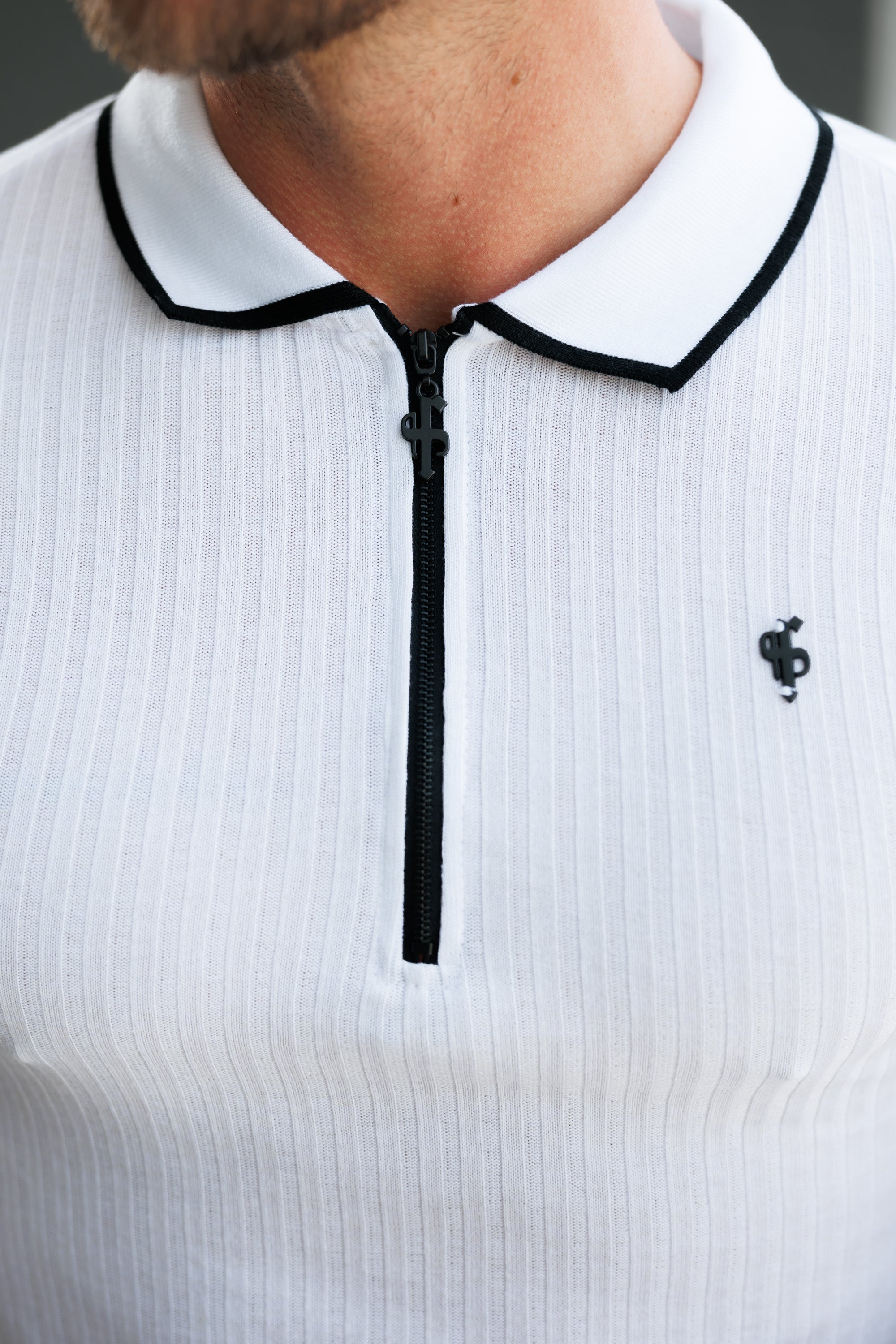 Classic White Ribbed Zip Polo with Contrast Short Sleeve - FSH1102