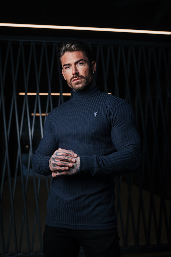 Father Sons Classic Navy / Silver Ribbed Knit Roll-neck Sweater - FSH958