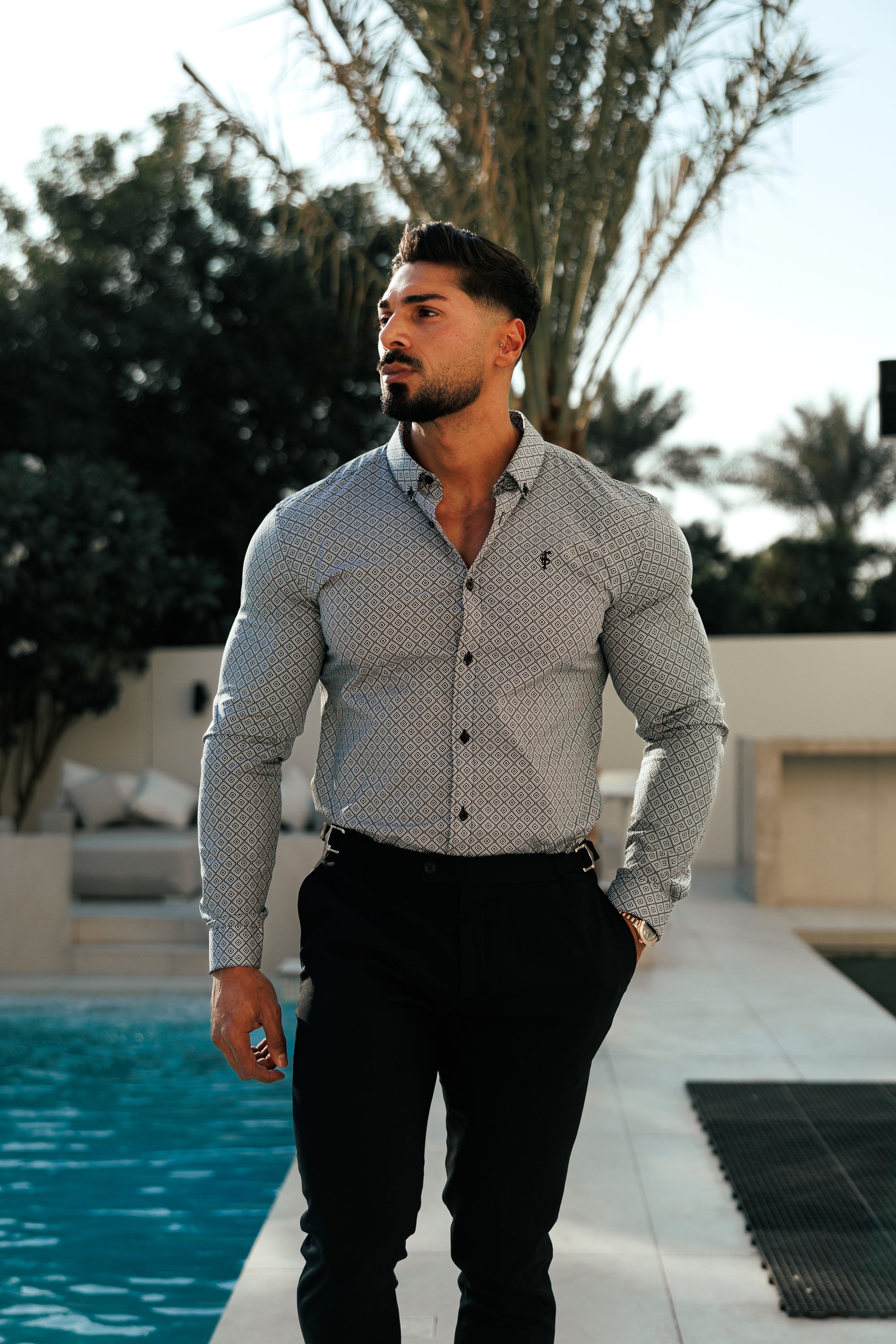 Super Slim Stretch Black / White Diamond Print Long Sleeve with Button Down Collar - FS1226