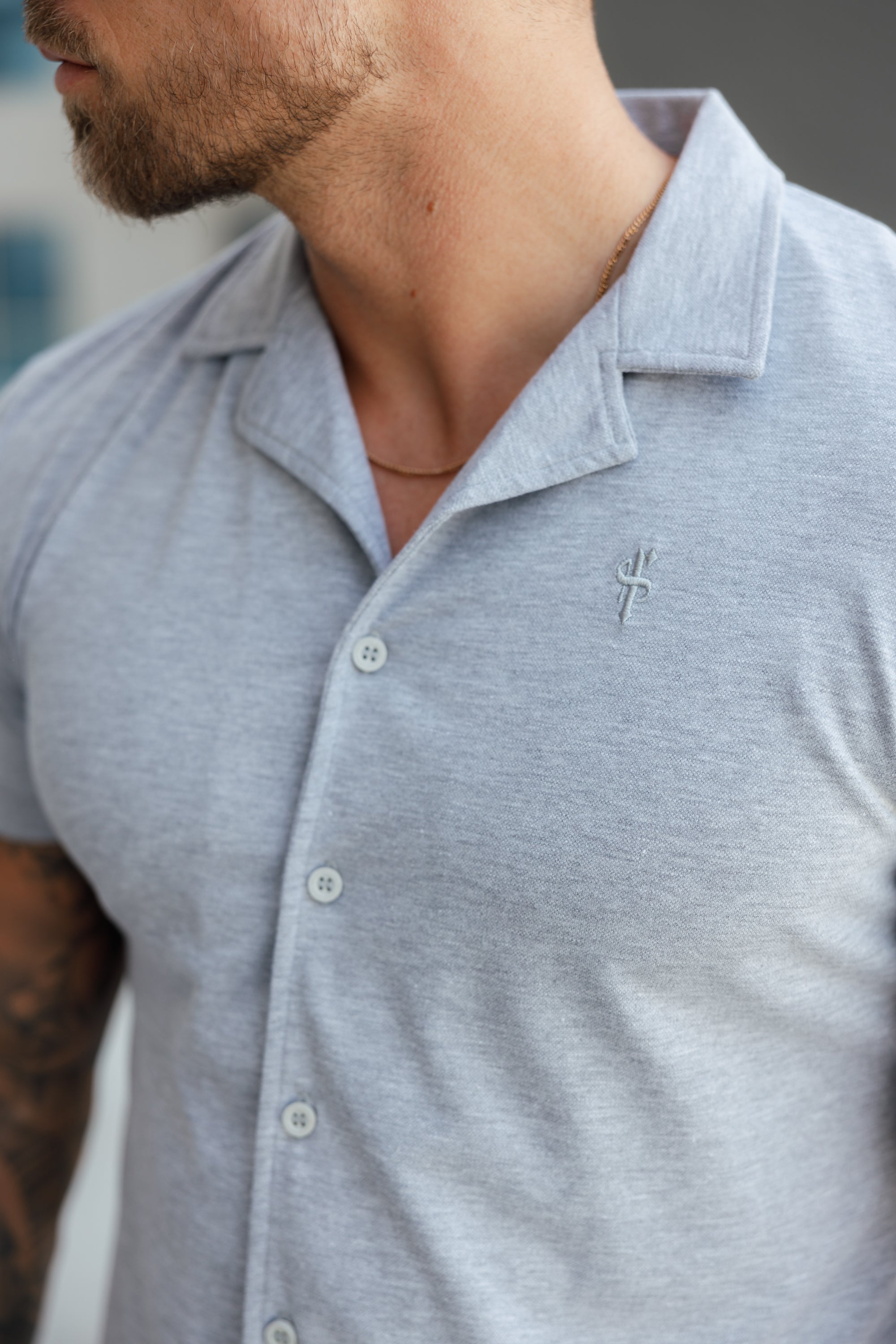 Stretch Light Grey Pique Revere Shirt Short Sleeve - FSH1072