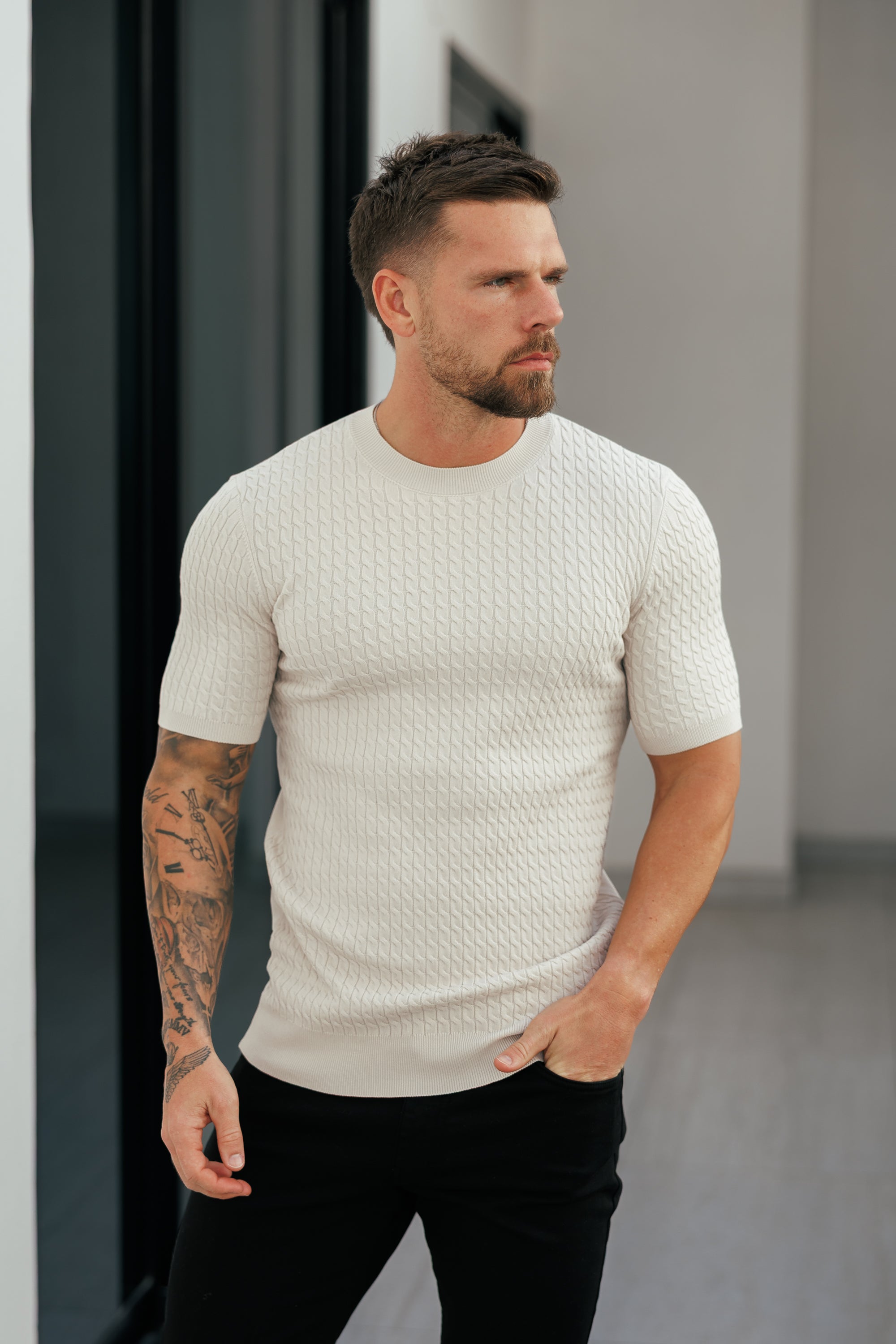 Front Chain Knit Crew Tshirt Cream Short Sleeve  -  FSR057