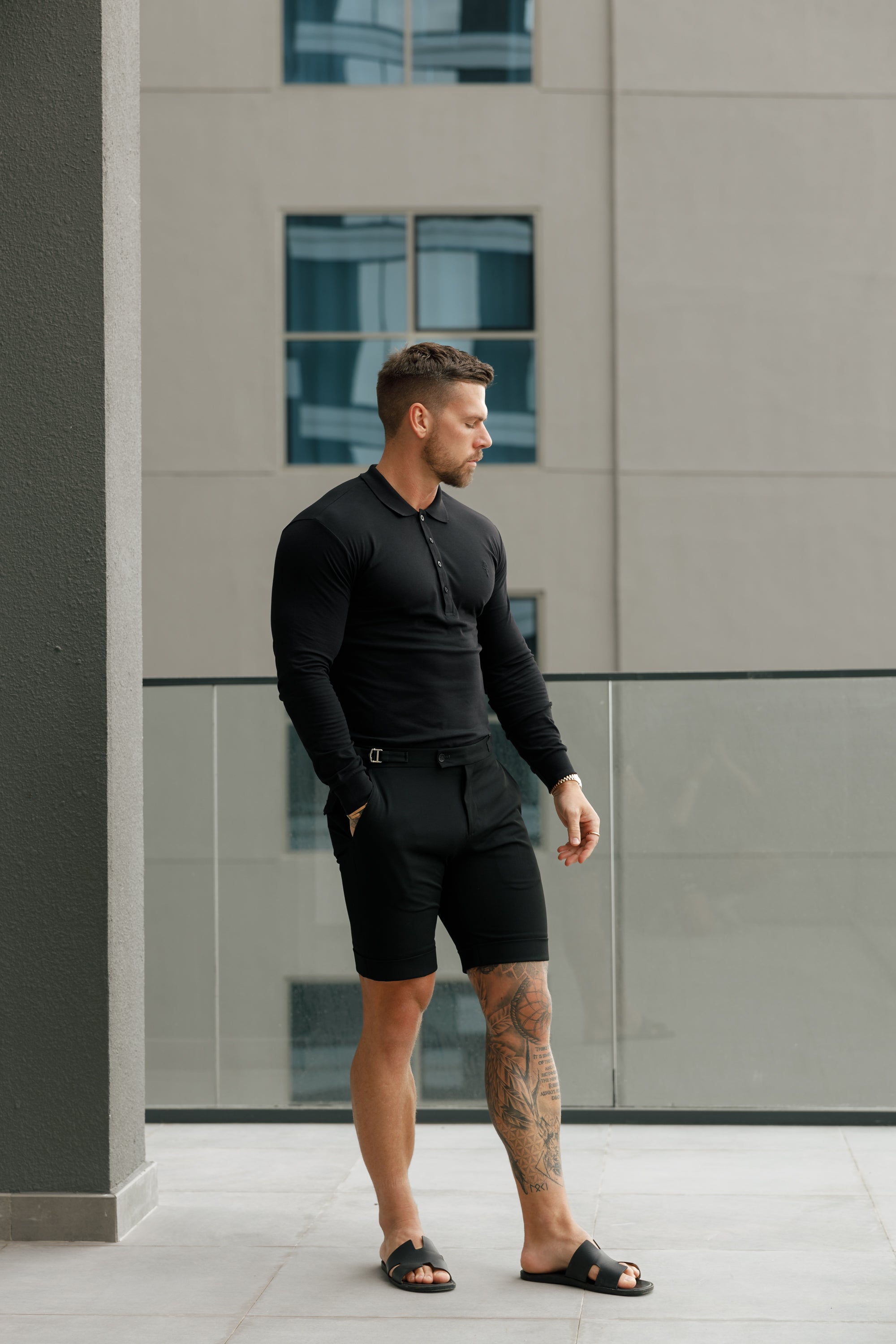 Classic Black Tonal  Polo Long Sleeve Shirt - FSH857