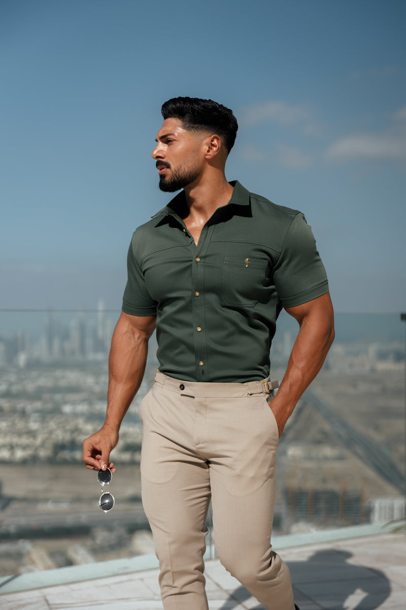 Father Sons Super Slim Stretch Khaki Denim Short Sleeve with Horizontal Seam and Pocket- FS958