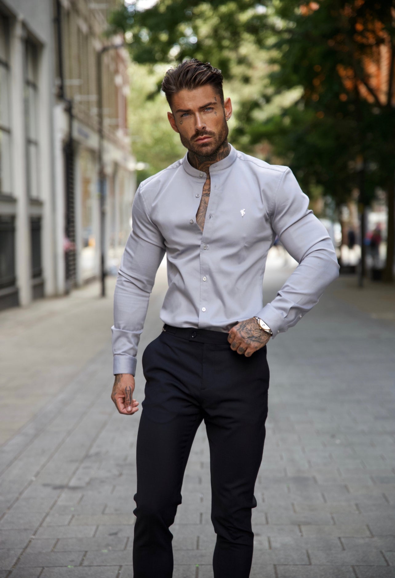 Super Slim Stretch Grey Denim Long Sleeve With Grandad Collar and Silver Metal Buttons and Decal  - FS962
