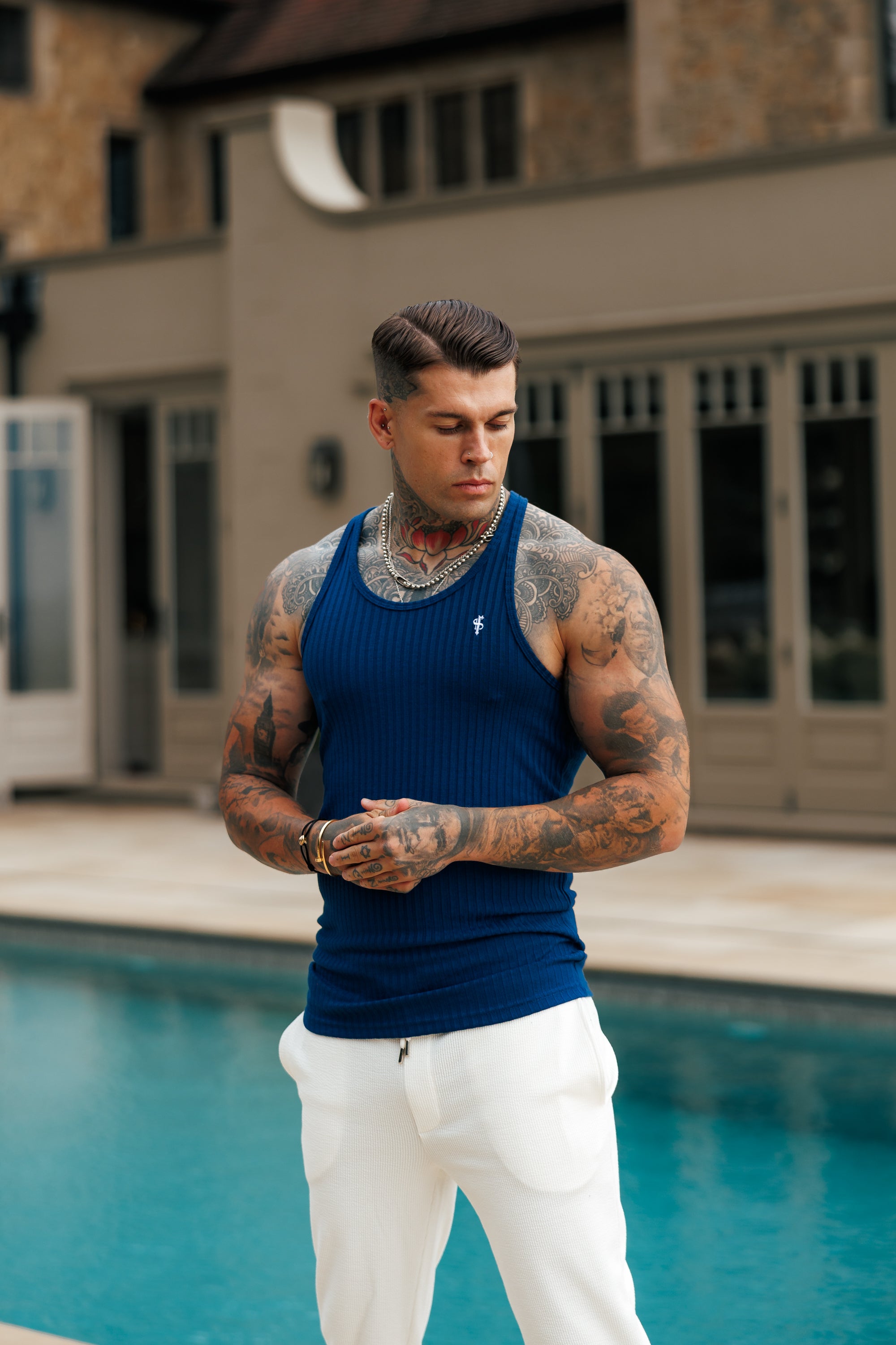 New Navy / White Ribbed Knit Super Slim Vest - FSH1328