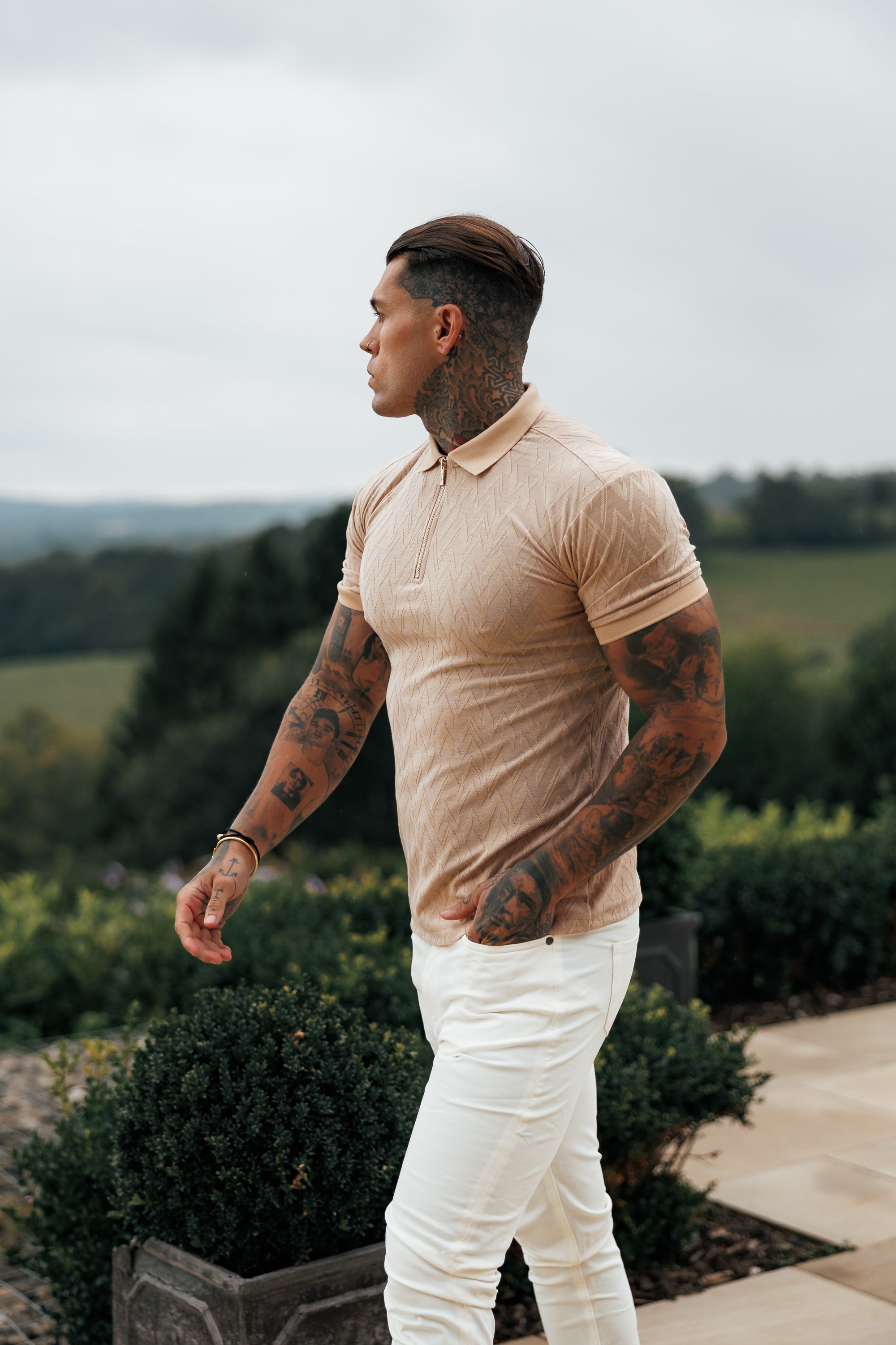 Classic Jacquard Beige Chevron Zipped Polo - FSR023