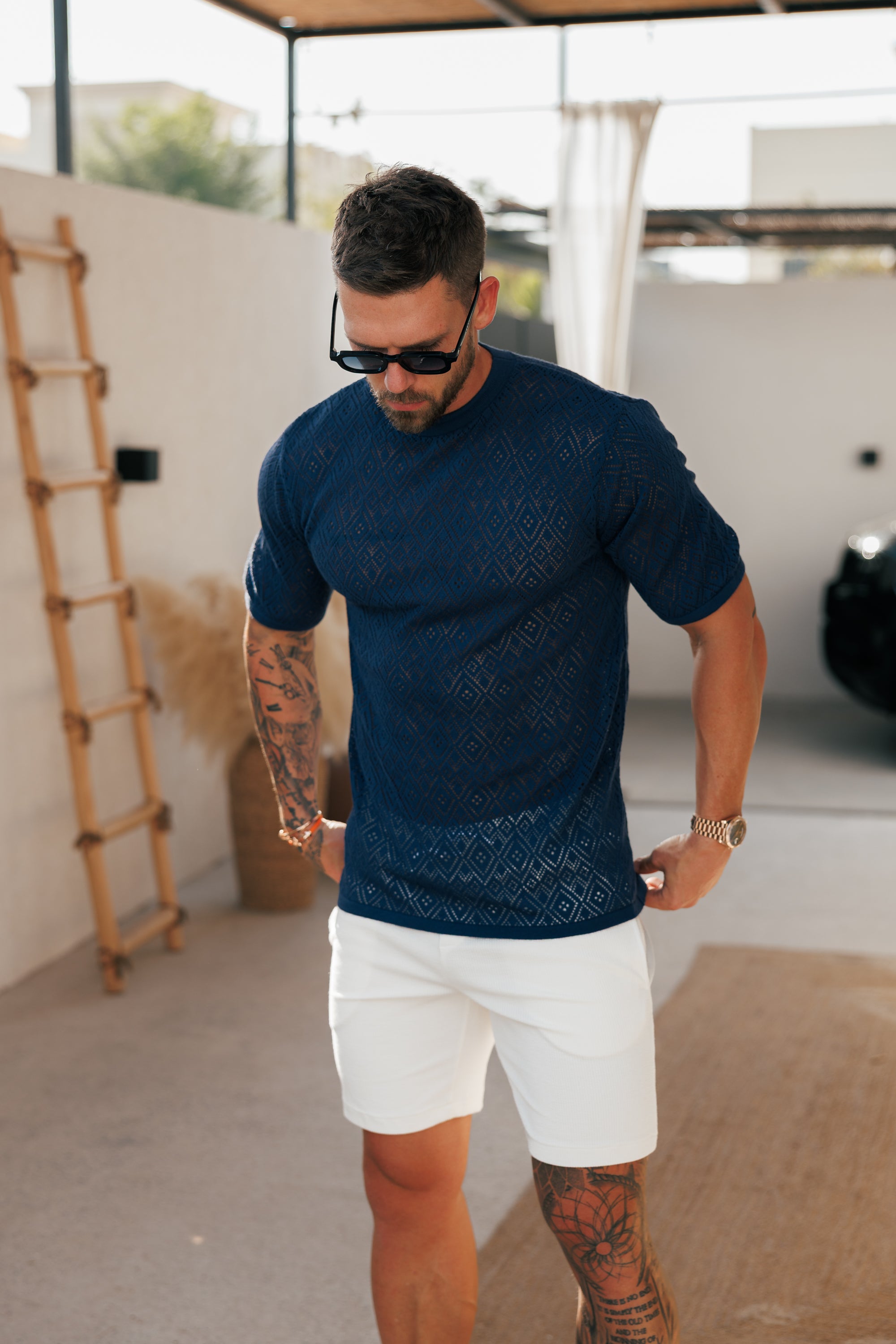 Crochet Crew T-Shirt Caribbean Blue Short Sleeve - FSJ092