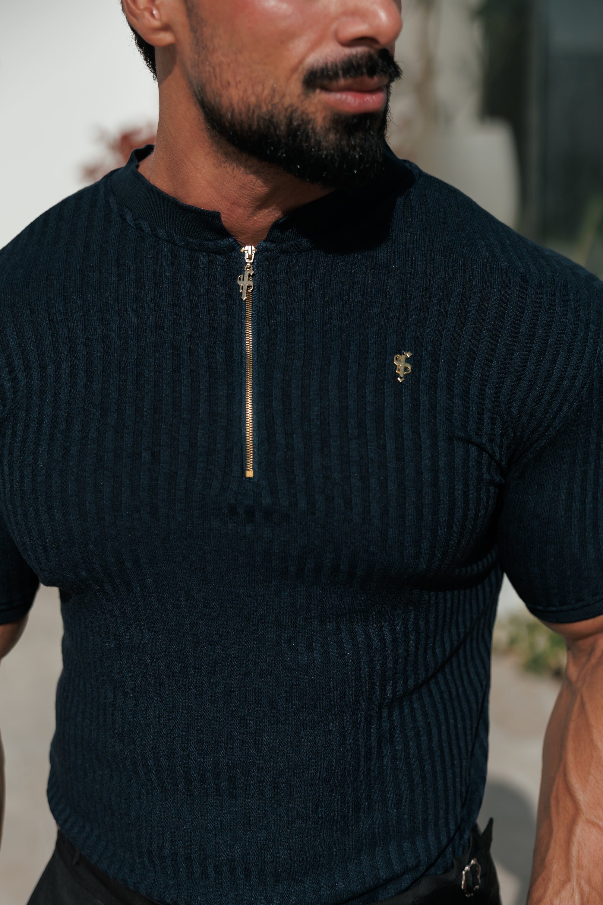 Classic Navy Ribbed Zip Grandad Collar Shirt Short Sleeve - FSH773