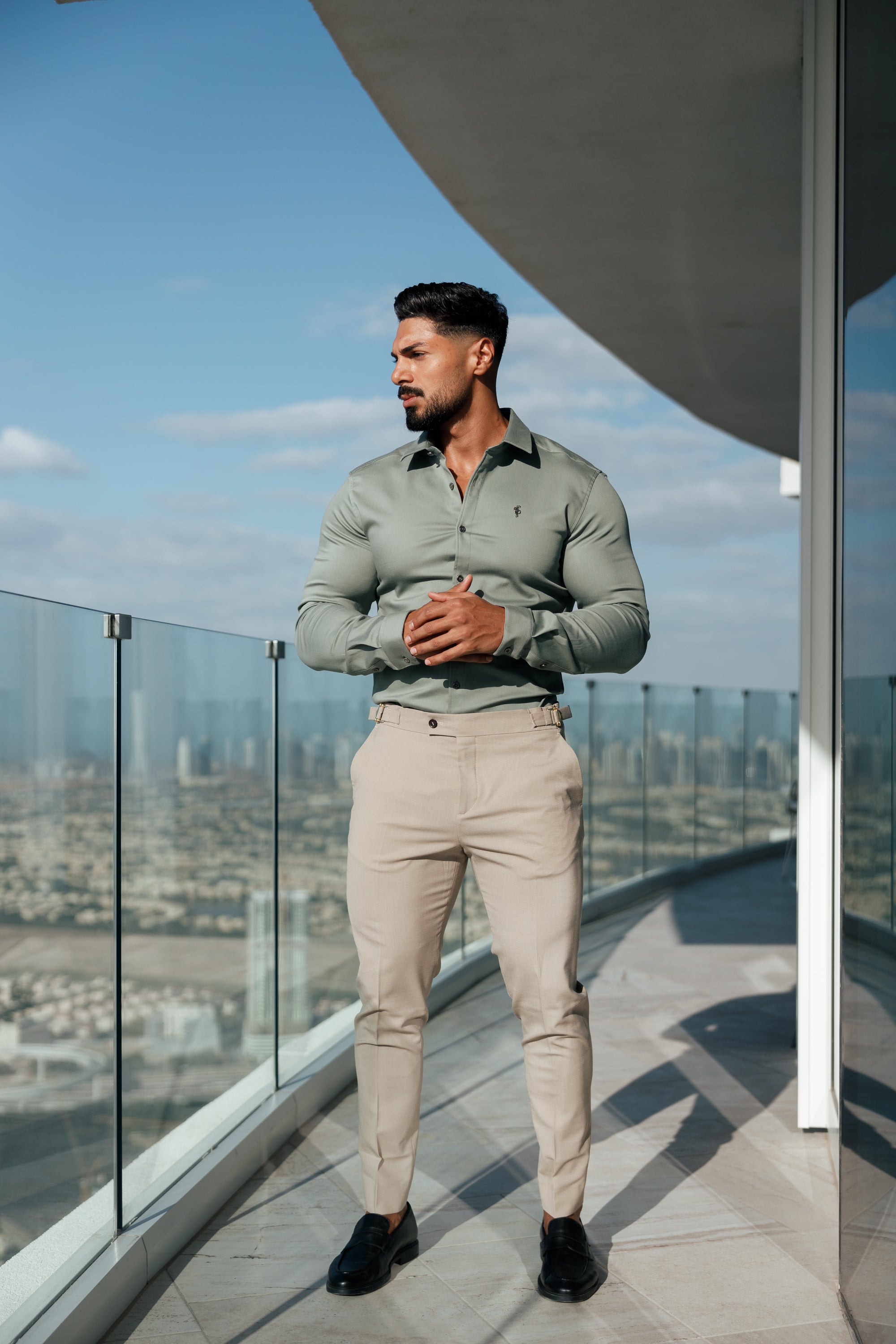 Super Slim Stretch Sage Green Denim Long Sleeve With Metal Buttons and Decal - FS1020