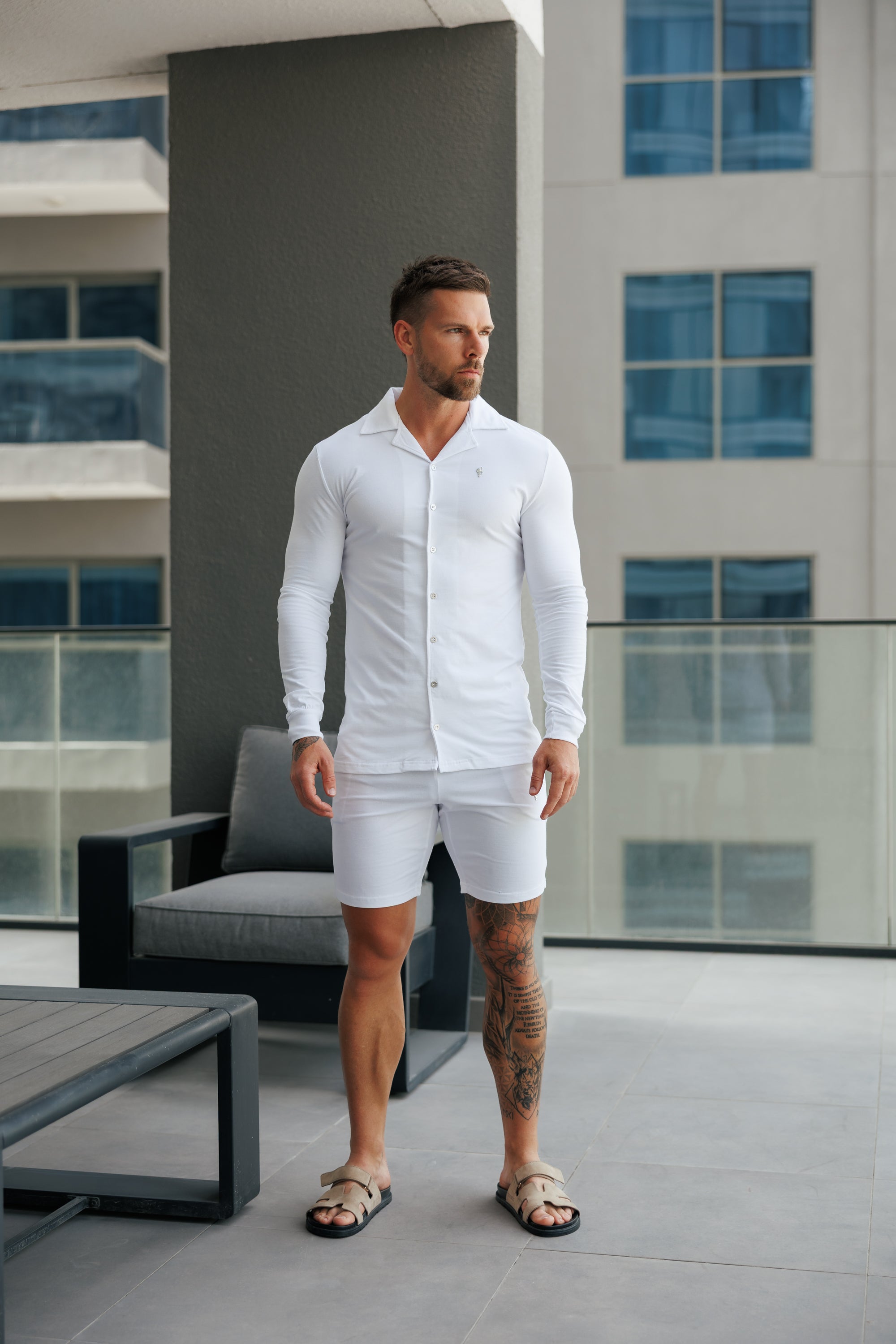 Stretch White Pique Revere Shirt Long Sleeve - FSH1352