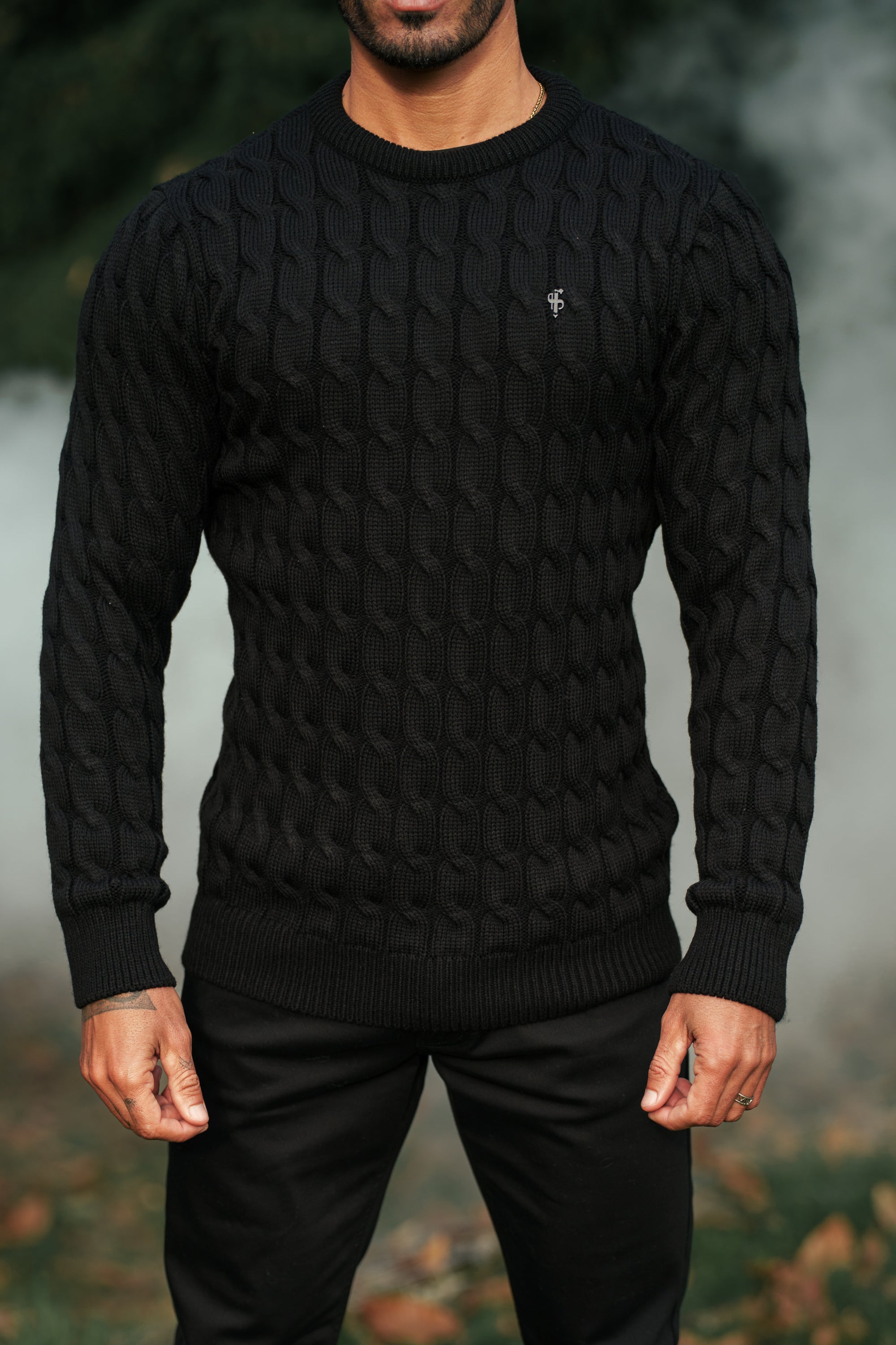 Link Weave Knit Black Crew Neck Jumper - FSJ124