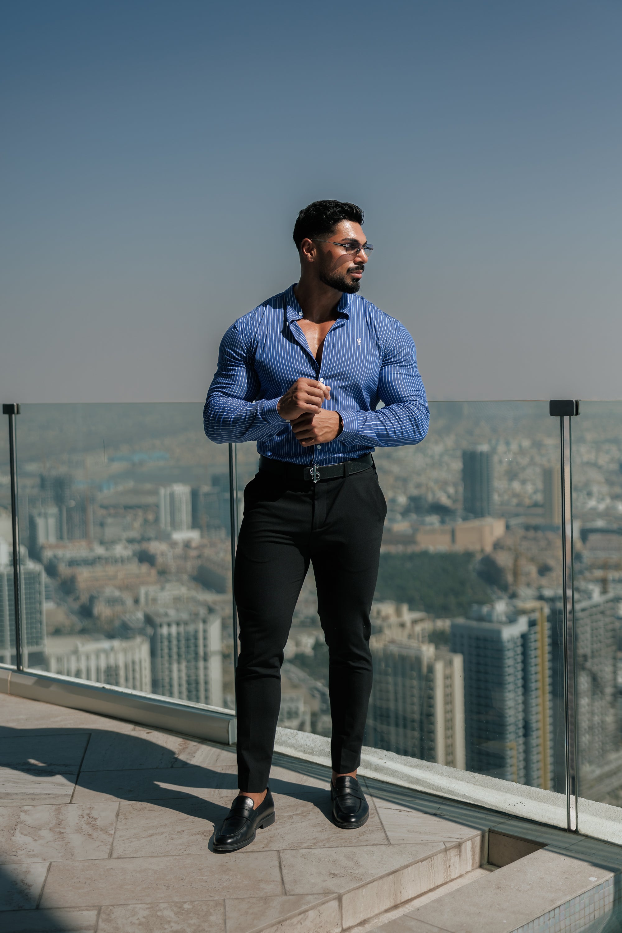 Super Slim Stretch Ocean Blue Printed Pinstripe Long Sleeve with Grandad Collar - FS1063