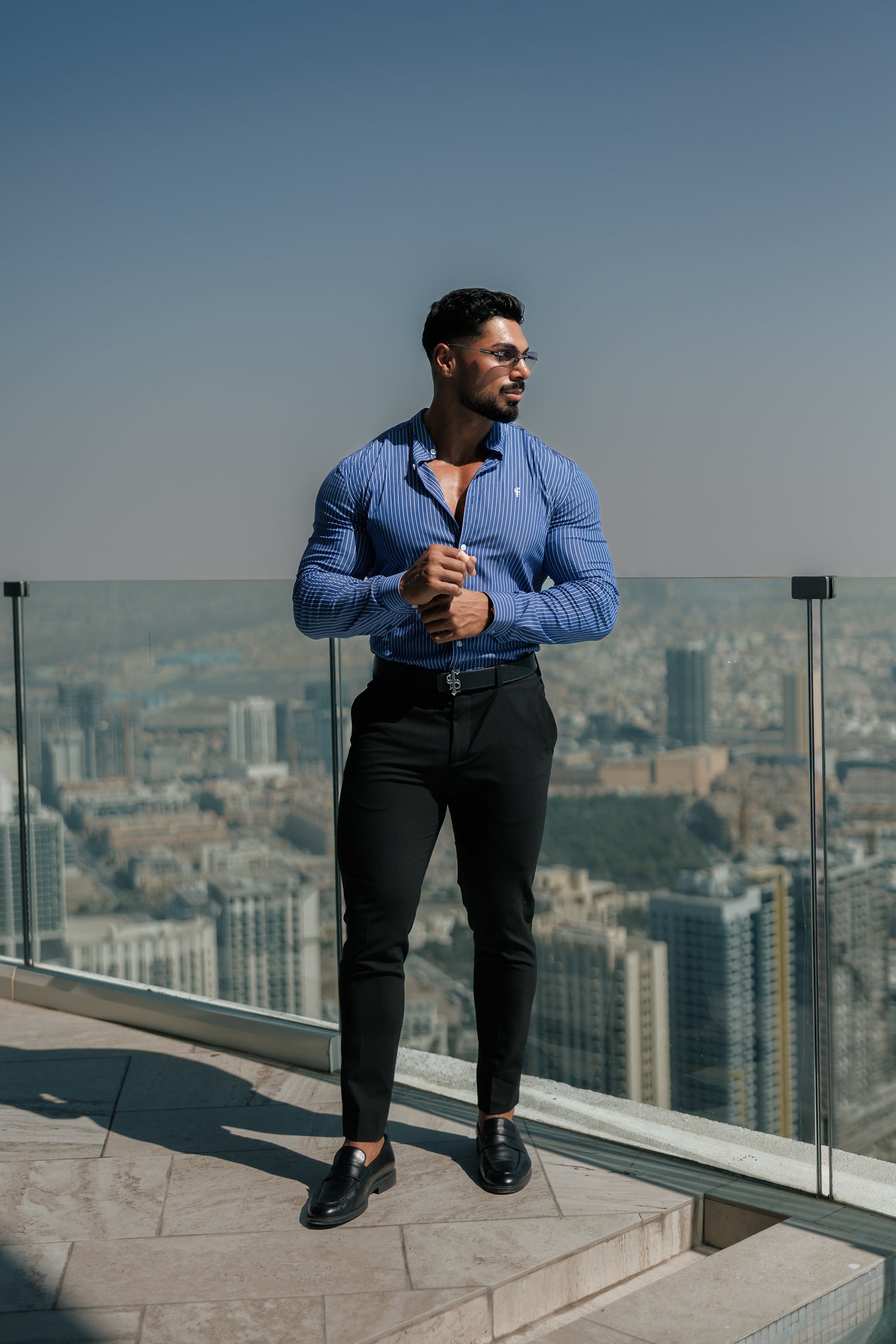Father Sons Super Slim Stretch Ocean Blue Printed Pinstripe