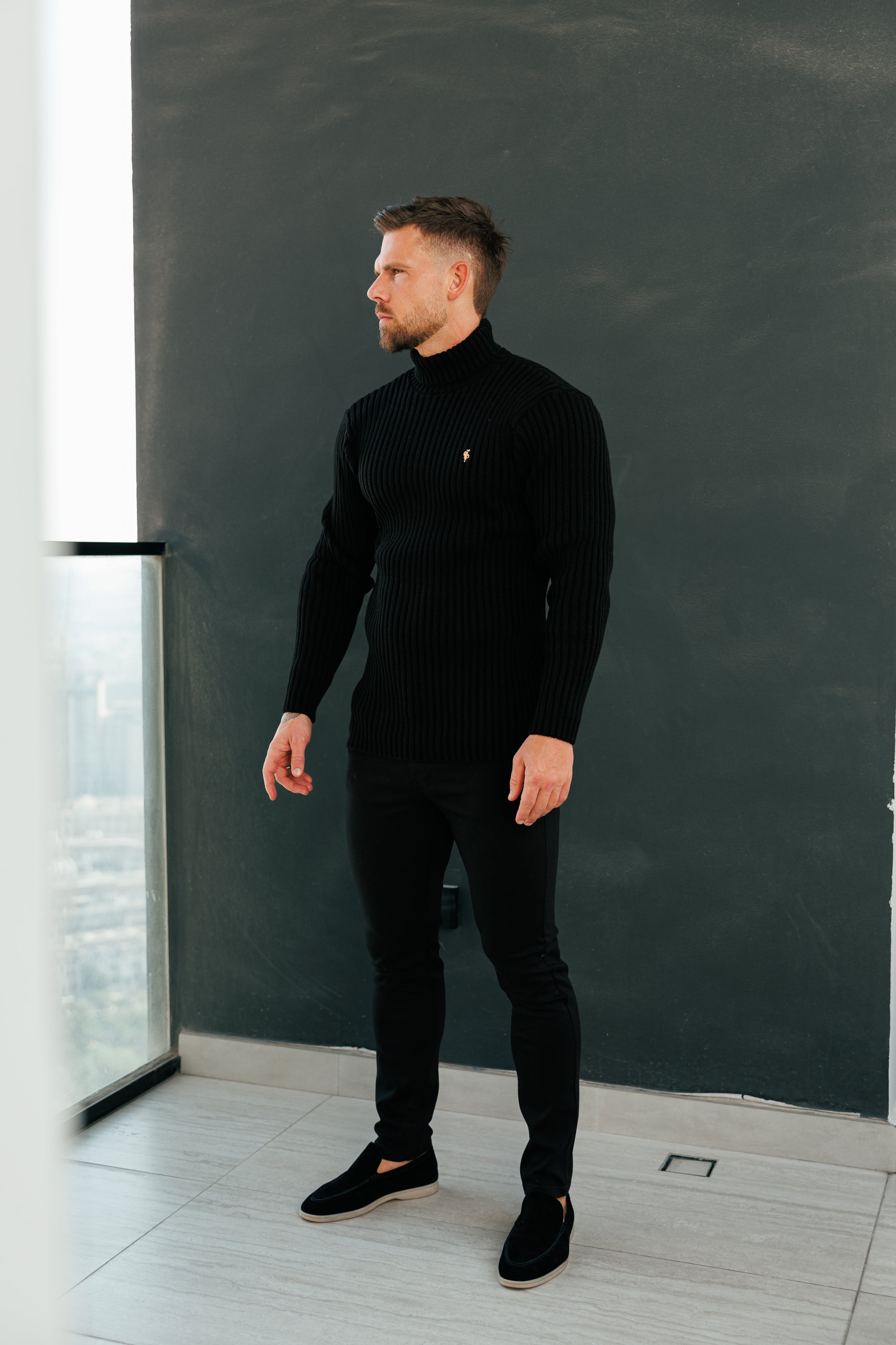 Ribbed Knit Black Roll Neck Jumper - FSJ113