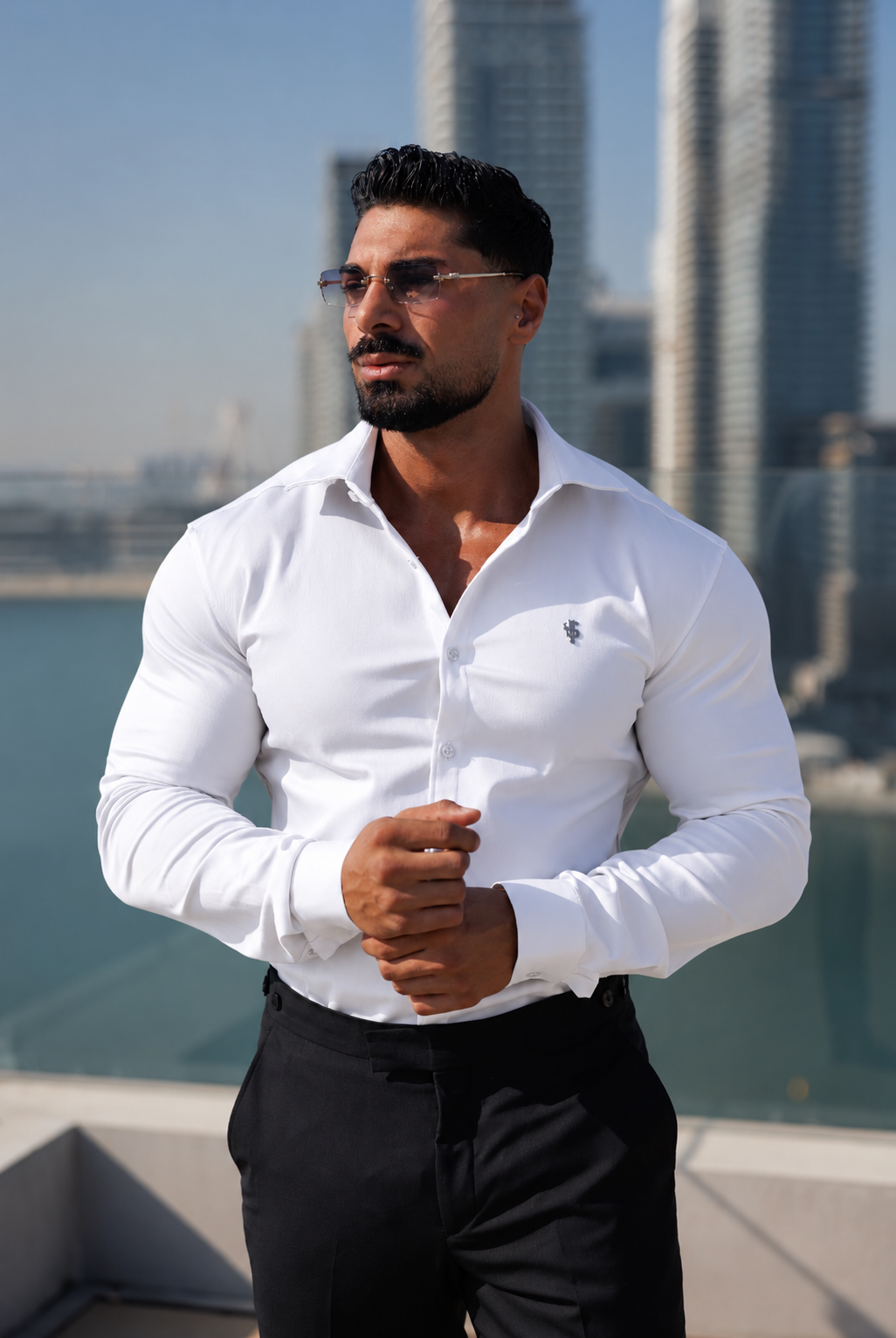 Super Slim Stretch White Denim Long Sleeve with Silver Metal Decal and Cutaway Collar - FS1301