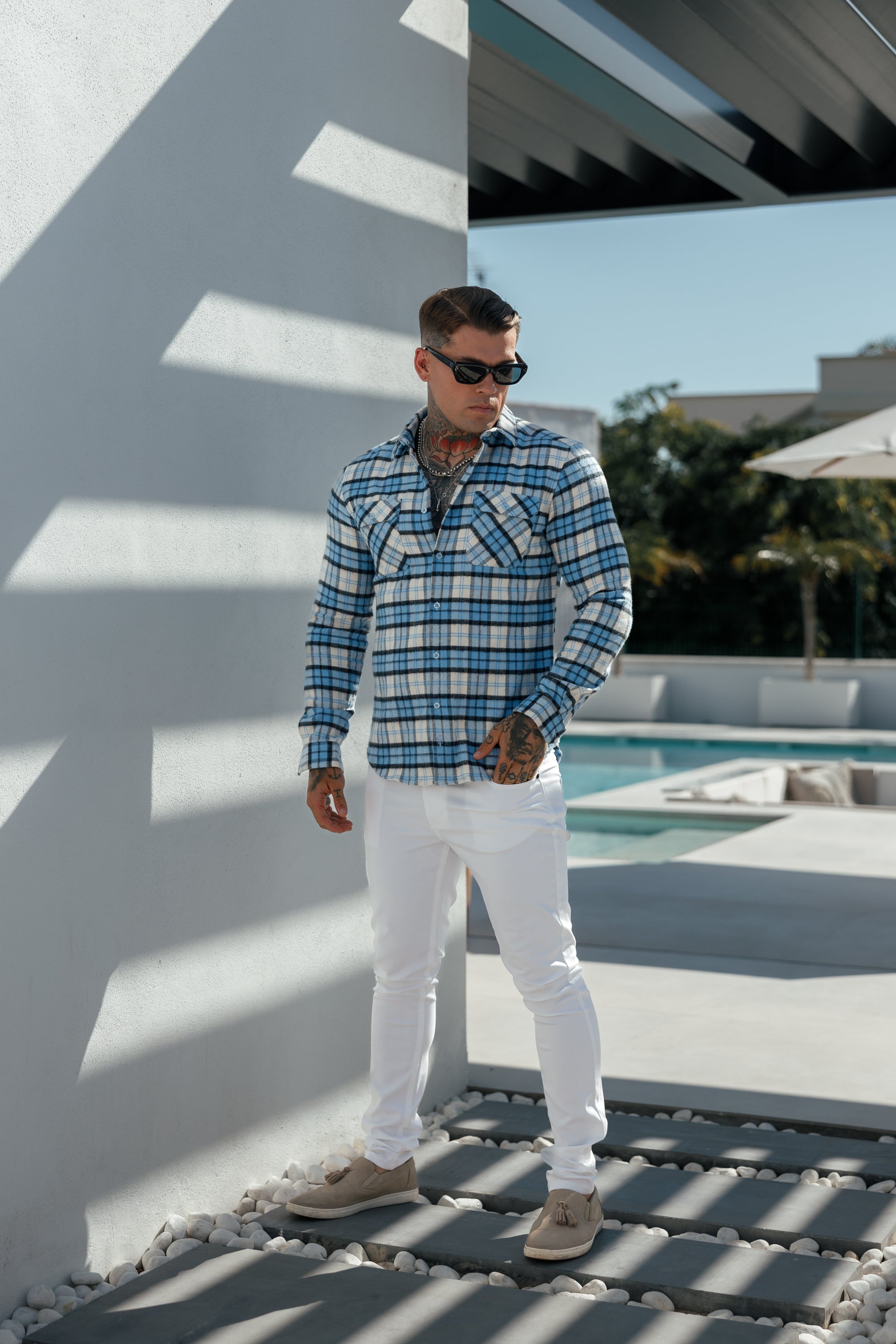 Light Blue Check Shacket With Double Pockets - FS1072