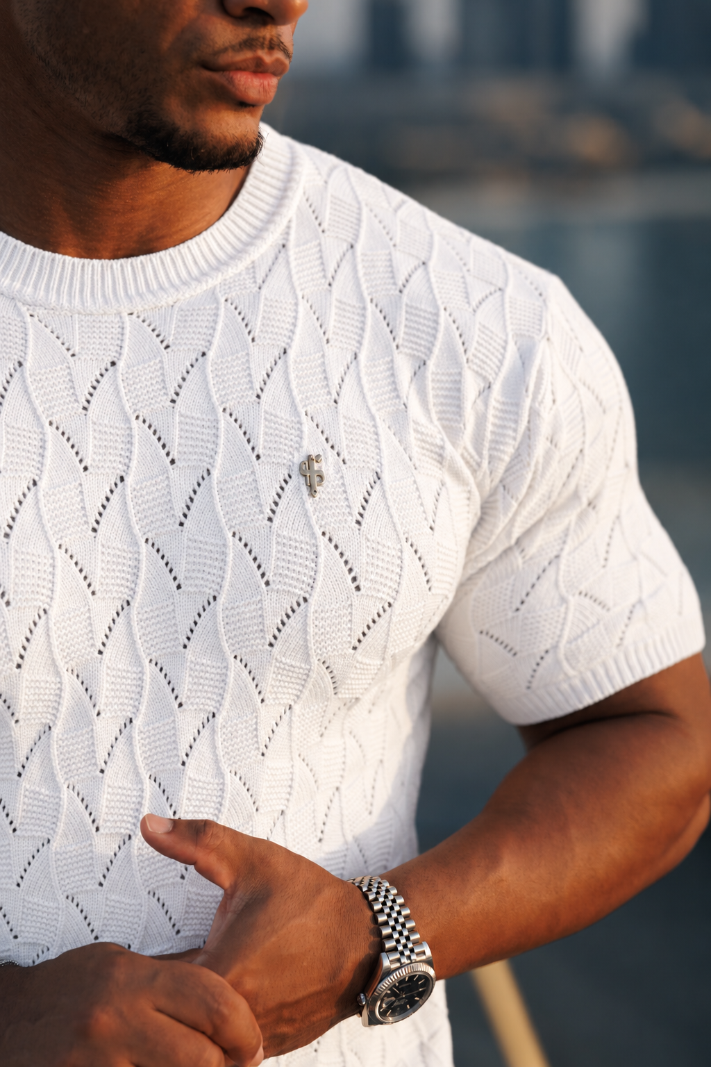 White Wave Weave Knit Short Sleeve Sleeve T-Shirt - FSJ170