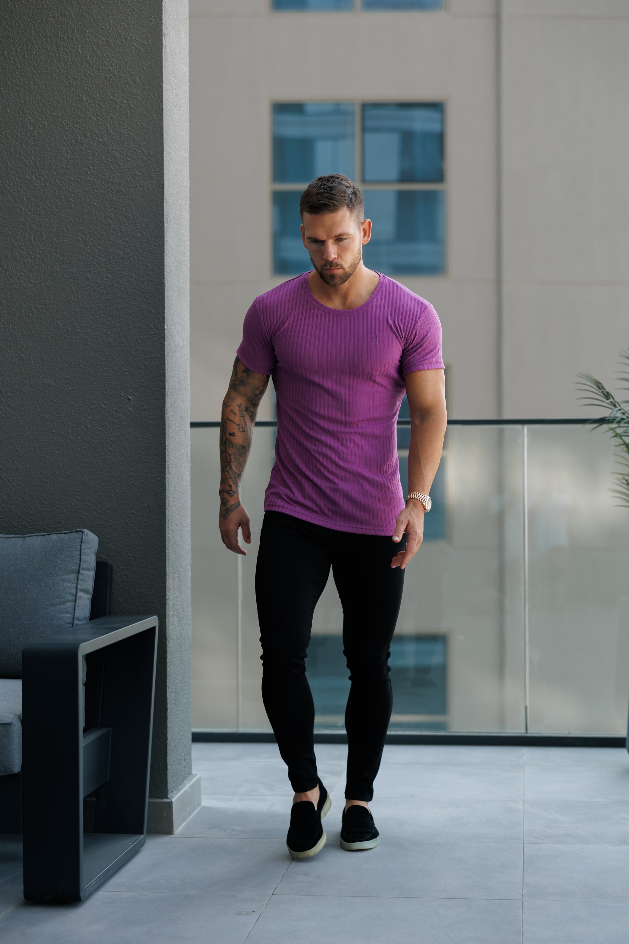 Classic Light Purple Ribbed Knit Super Slim Short Sleeve Crew - FSH1161