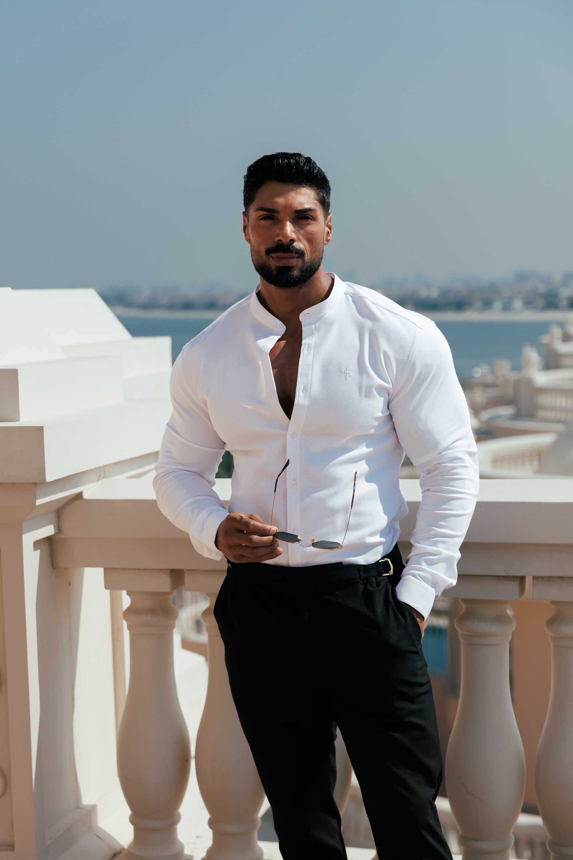 Super Slim Scuba White Long Sleeve Stretch with Grandad Collar - FS1170