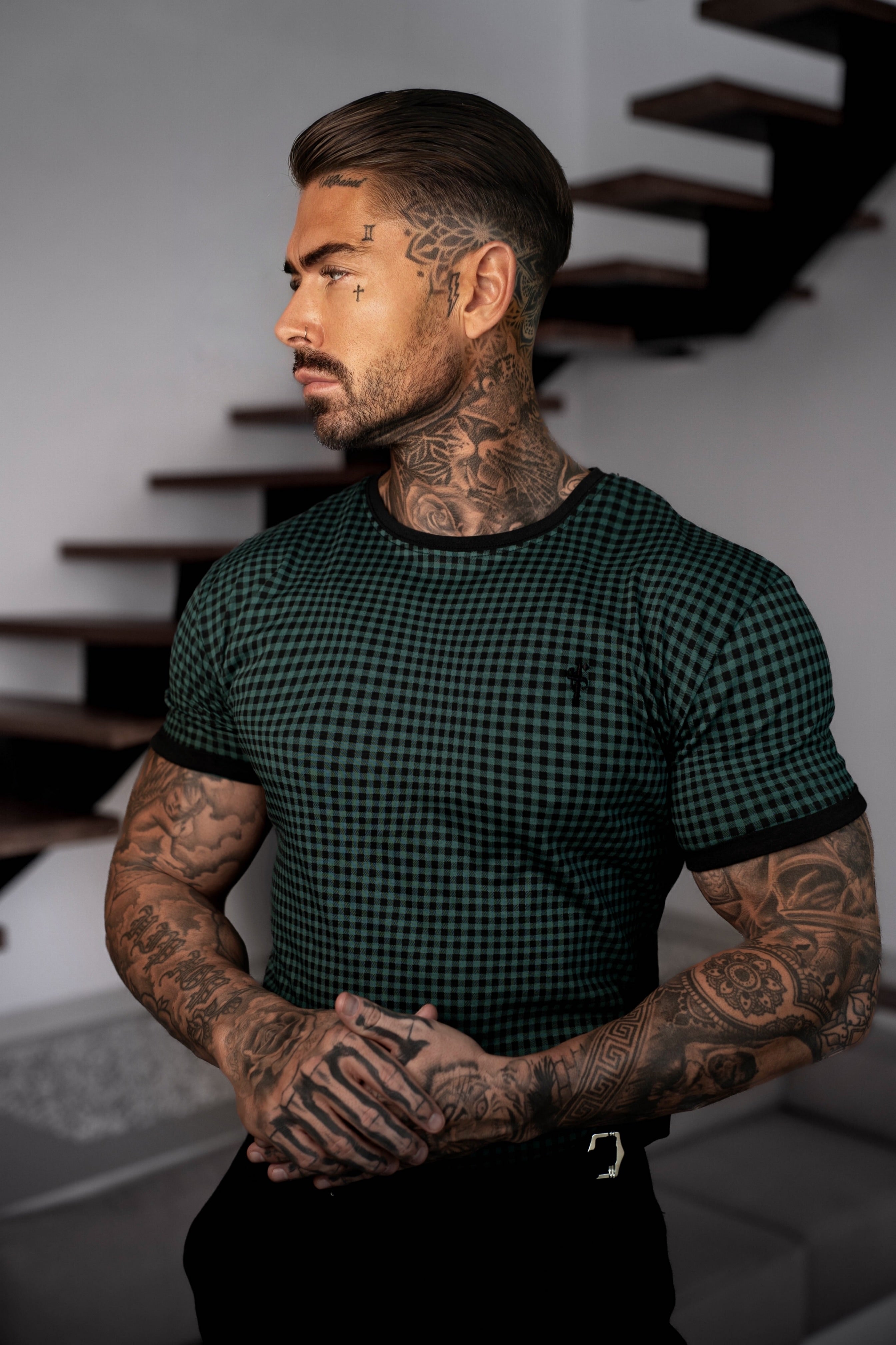 Printed Forest Green / Black Check Fitted T Shirt - FSH1241