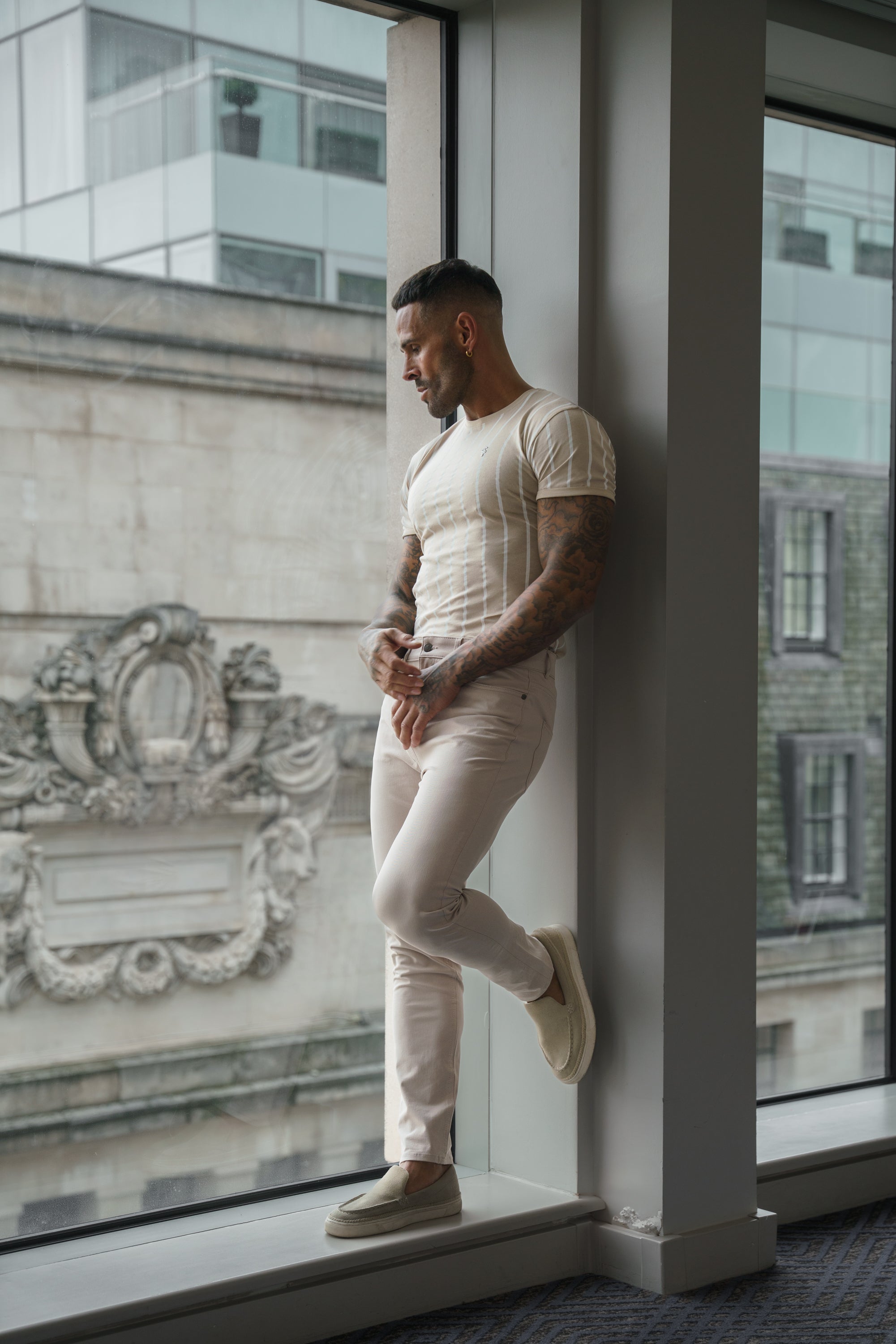 Printed Taupe / White Stripe Fitted T Shirt - FSH1170