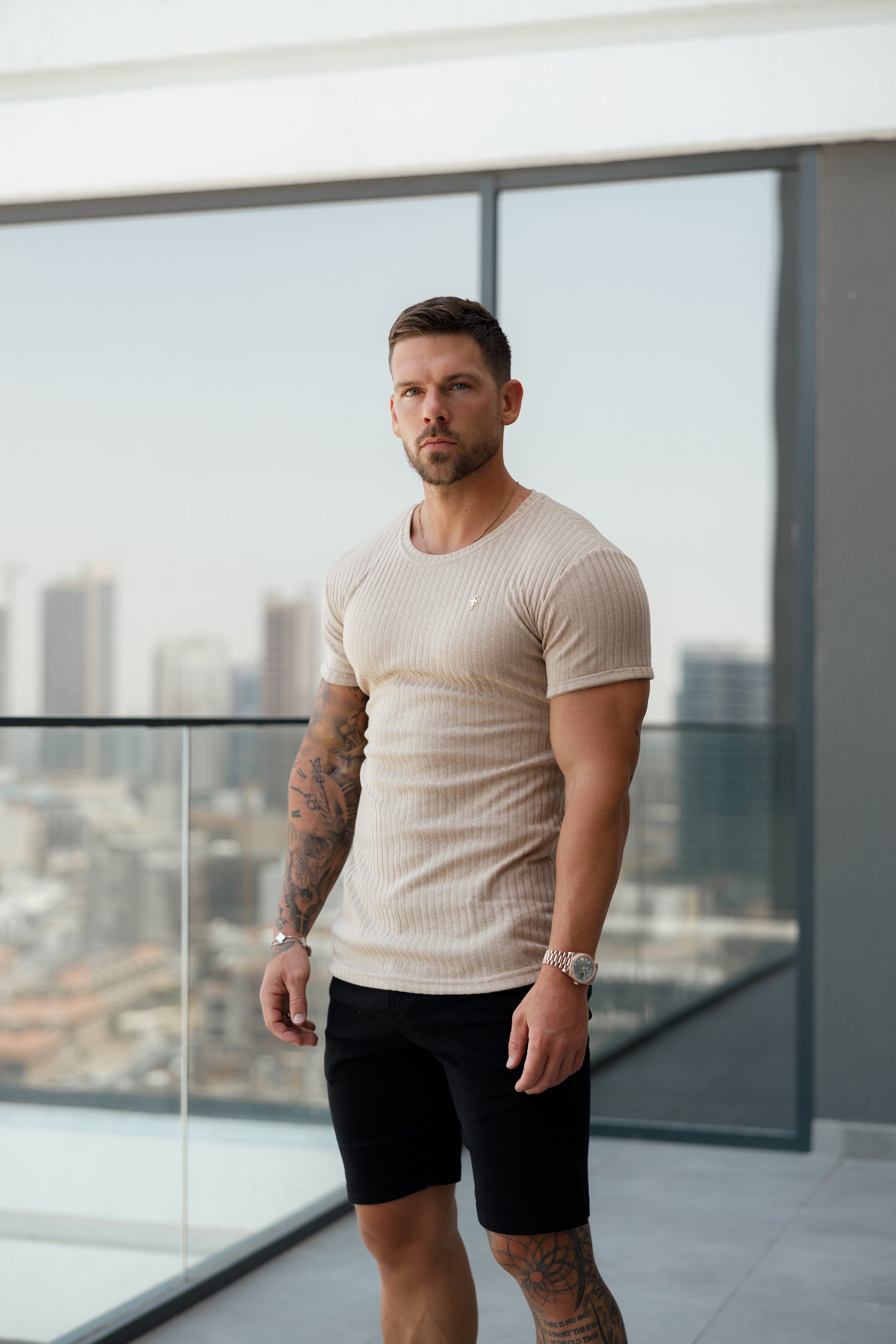 Classic Beige / Gold Ribbed Knit Super Slim Short Sleeve Crew - FSH1088