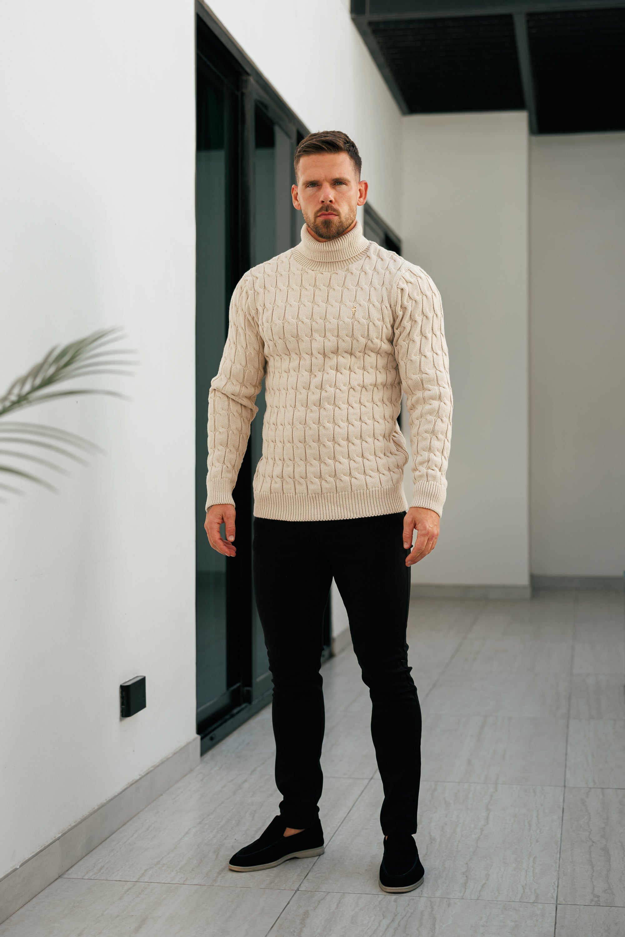 Link Weave Knit Beige Roll Neck Jumper - FSJ100