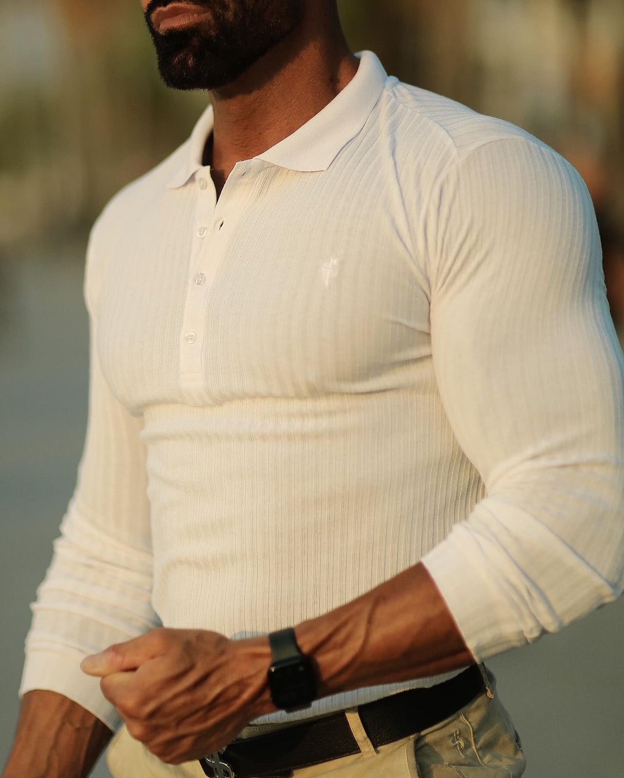 Classic White Ribbed Polo Shirt Long Sleeve - FSH974
