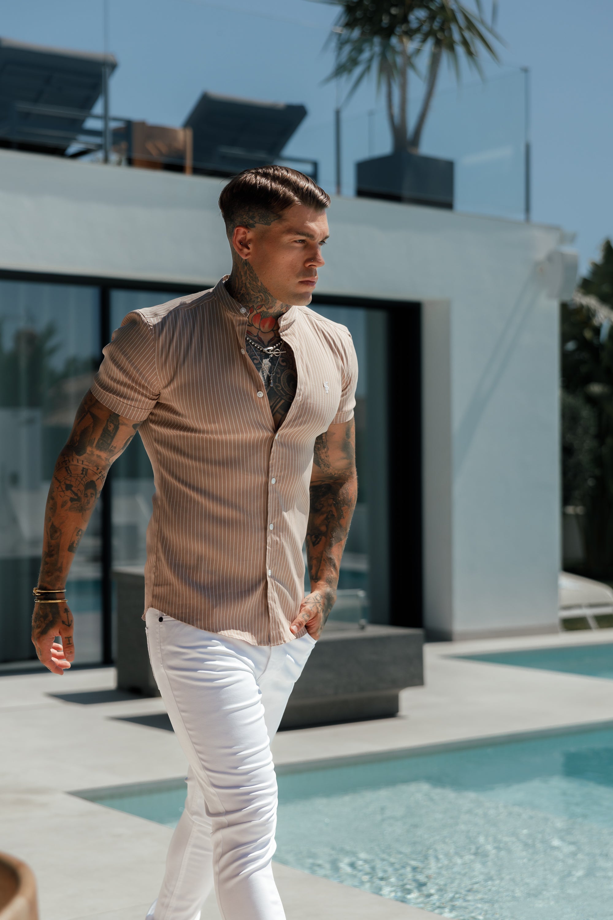 Super Slim Stretch Taupe Printed Pinstripe Short Sleeve with Grandad Collar - FS1058