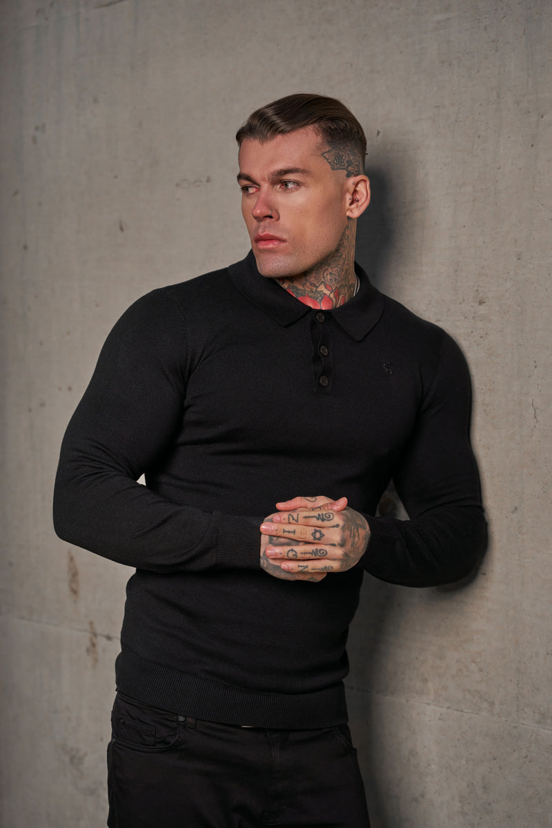 Father Sons Classic Black Knitted Polo Sweater Long Sleeve With Tonal FS Embroidery- FSN139