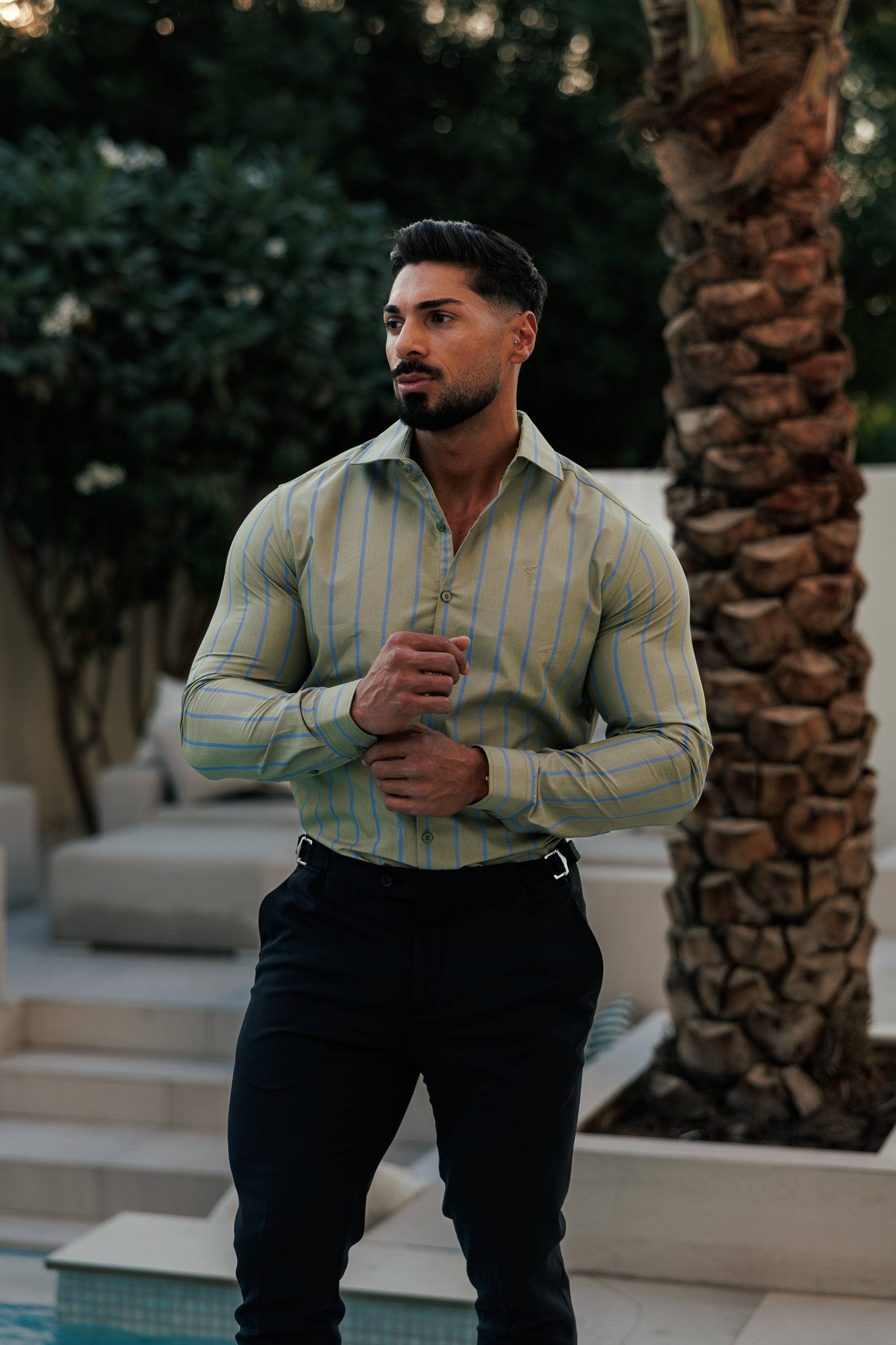 Classic Green / Blue Stripe Long Sleeve with Cutaway Collar - FS1179