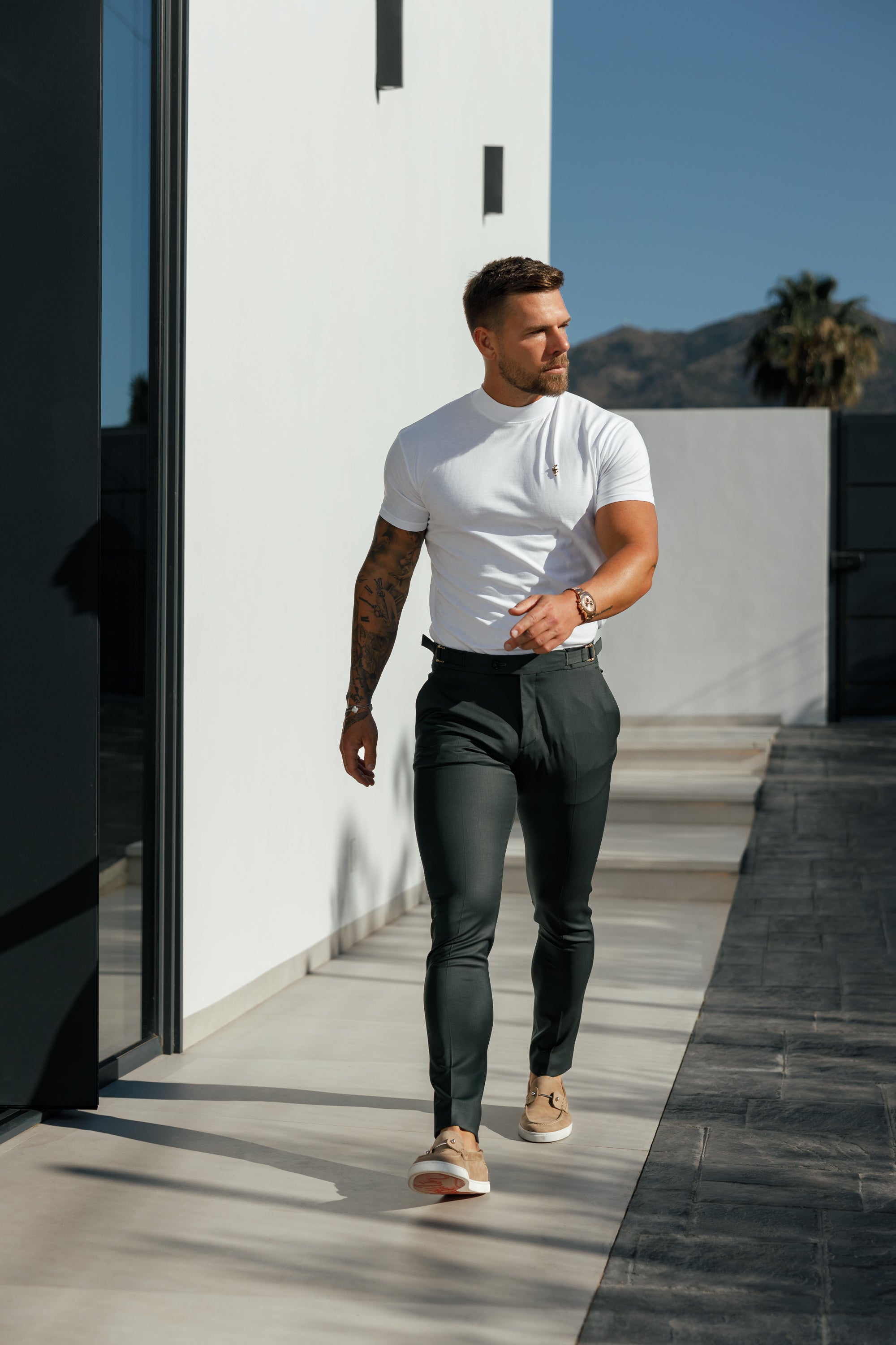 Ribbed High Neck Crew Short Sleeve White / Gold  - FSH1006