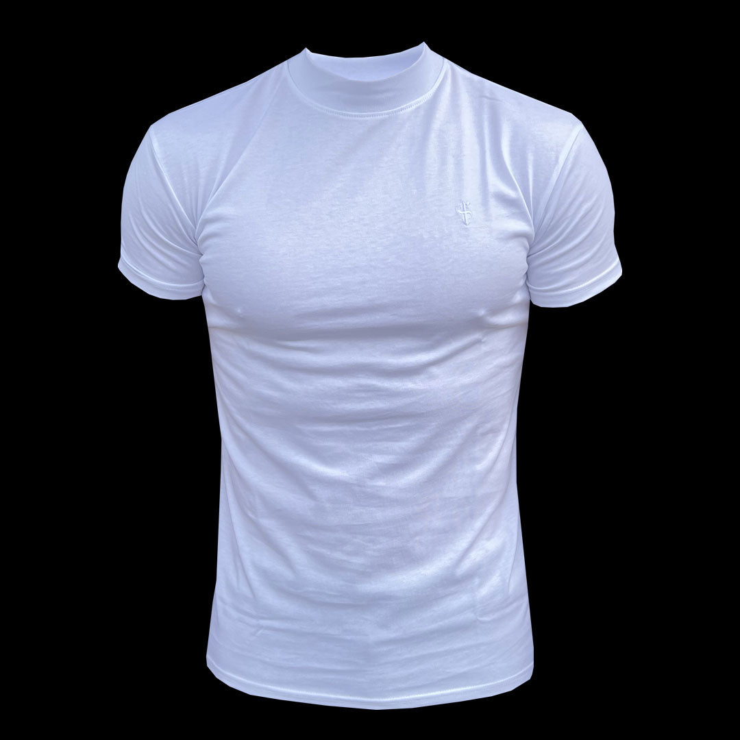 Ribbed High Neck Crew Short Sleeve White  - FSH1007