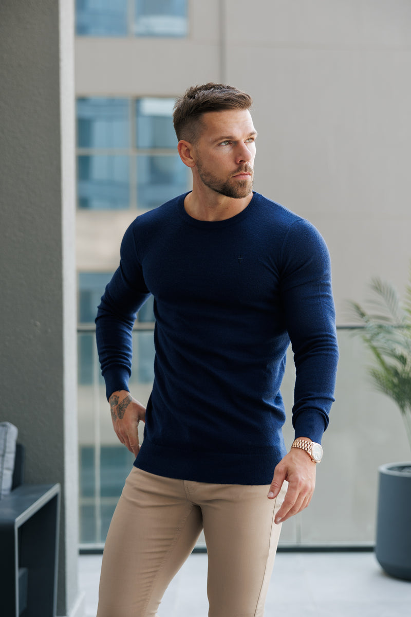 Father Sons Classic Navy Roll Neck Merino Wool Knitted Sweater With FS Embroidery - FSN011