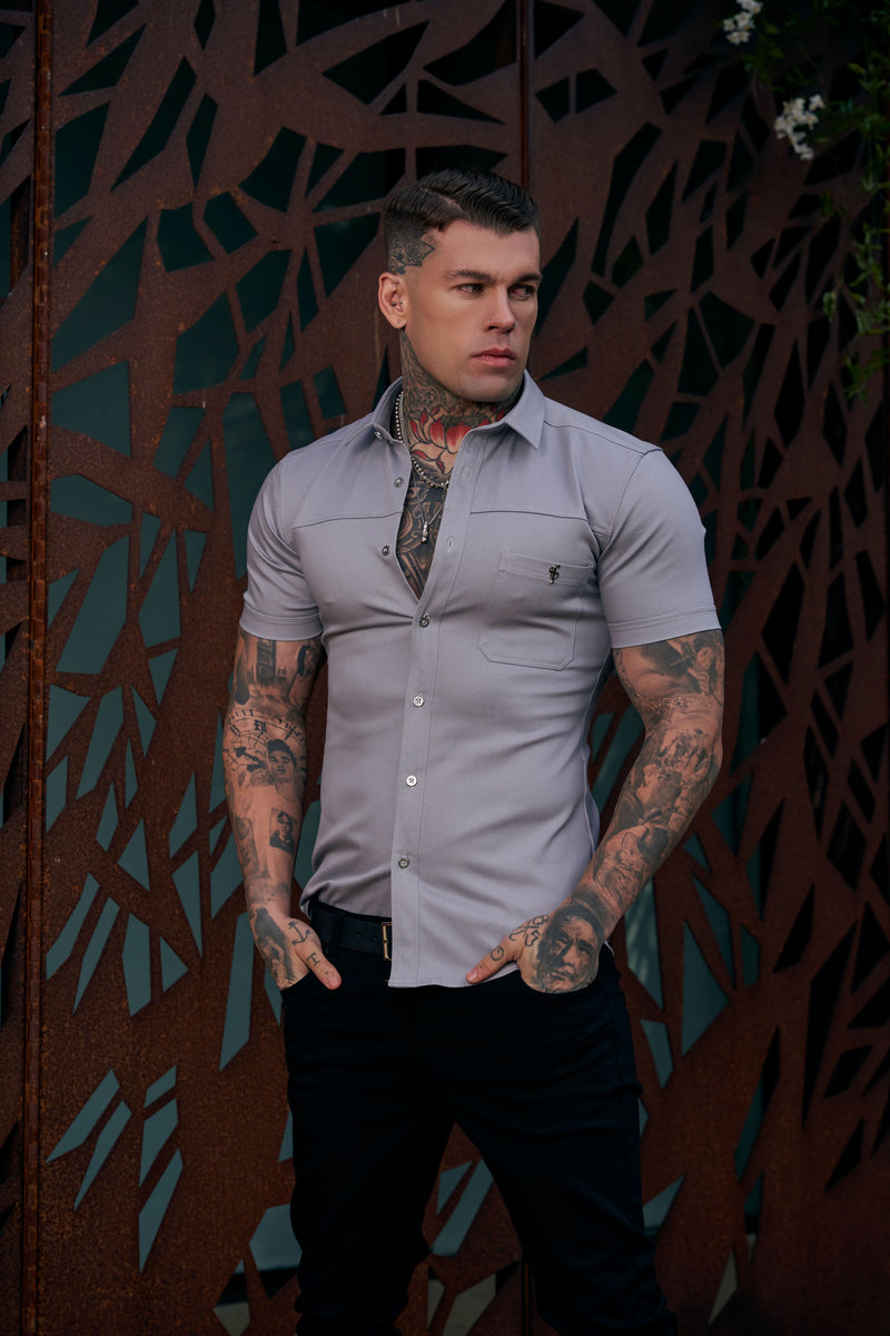 Father Sons Super Slim Stretch Grey Denim Short Sleeve with Horizontal Seam and Pocket- FS960