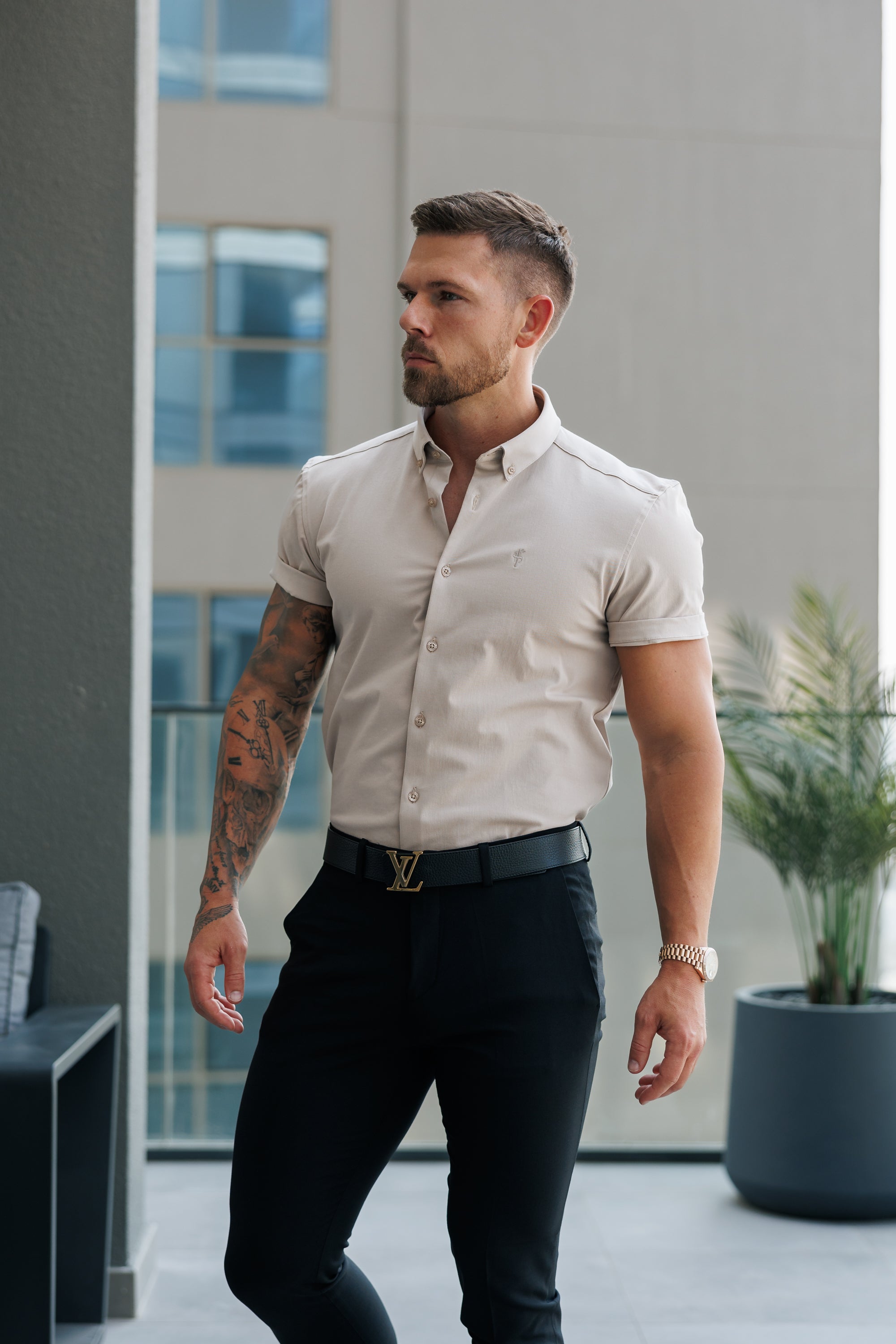 Super Slim Stretch Beige Short Sleeve with Button Down Collar - FS1098