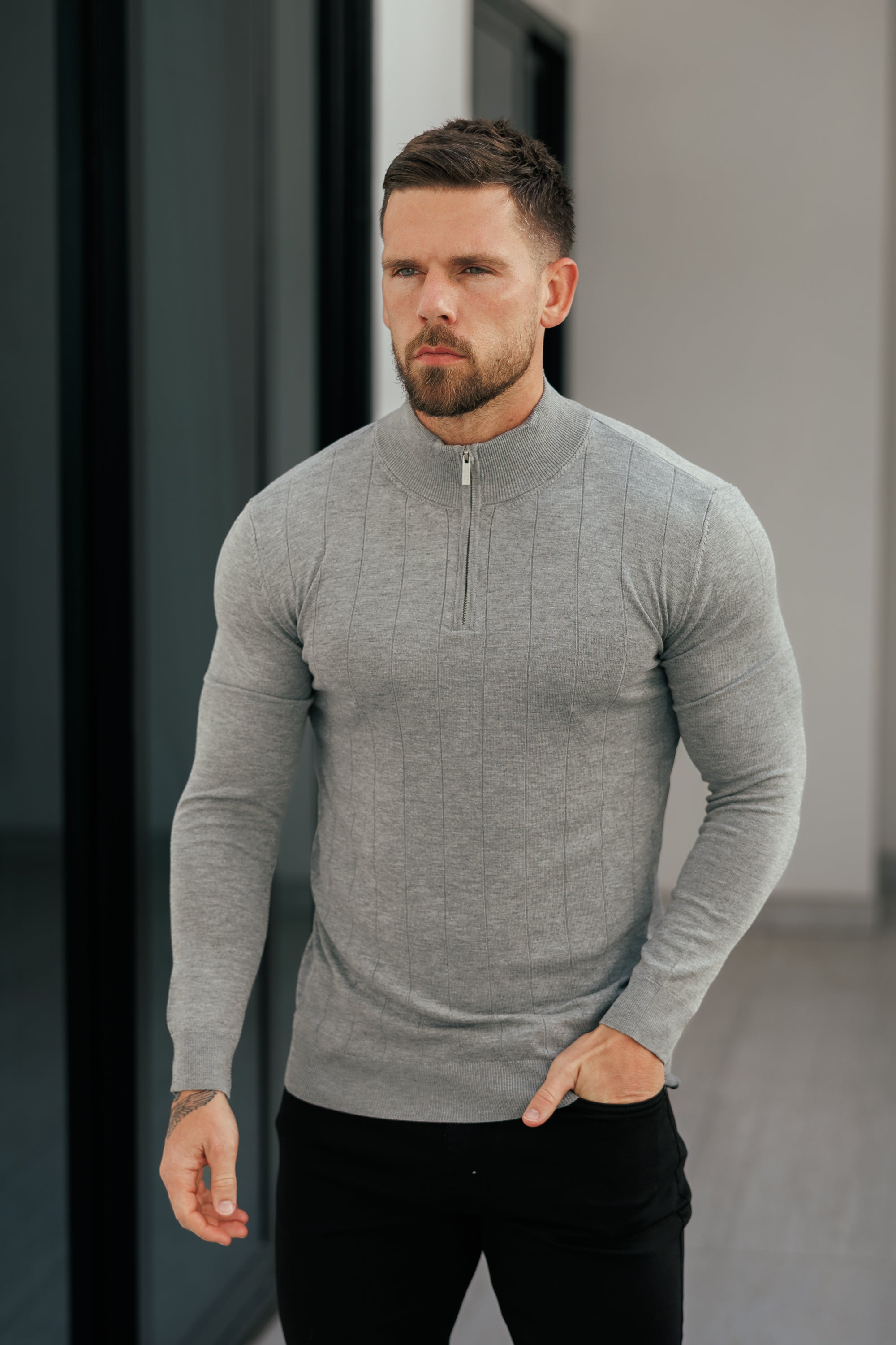 Self Stripe 1/4 Zip Funnel Neck Knit Jumper Light Charcoal Long Sleeve  -  FSR053