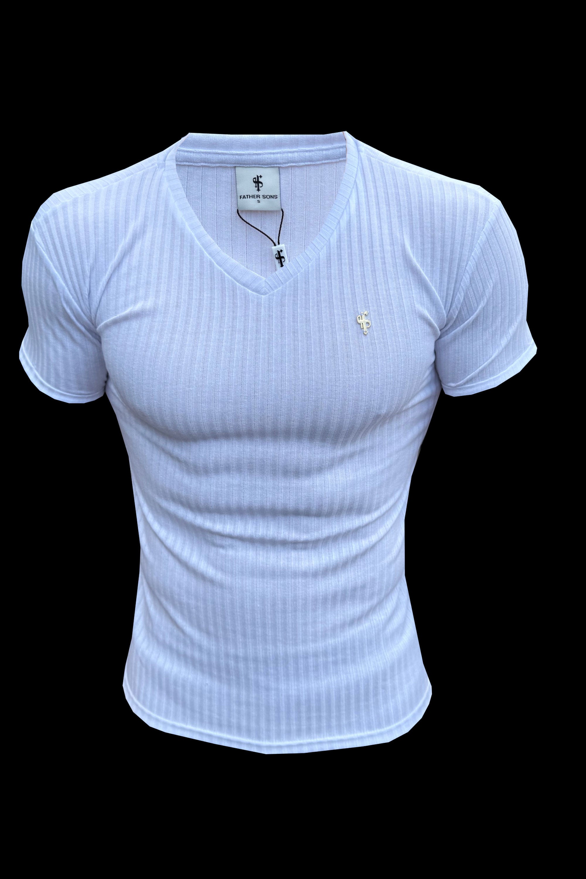Super Slim White / Gold V Neck Ribbed Crew - FSH498