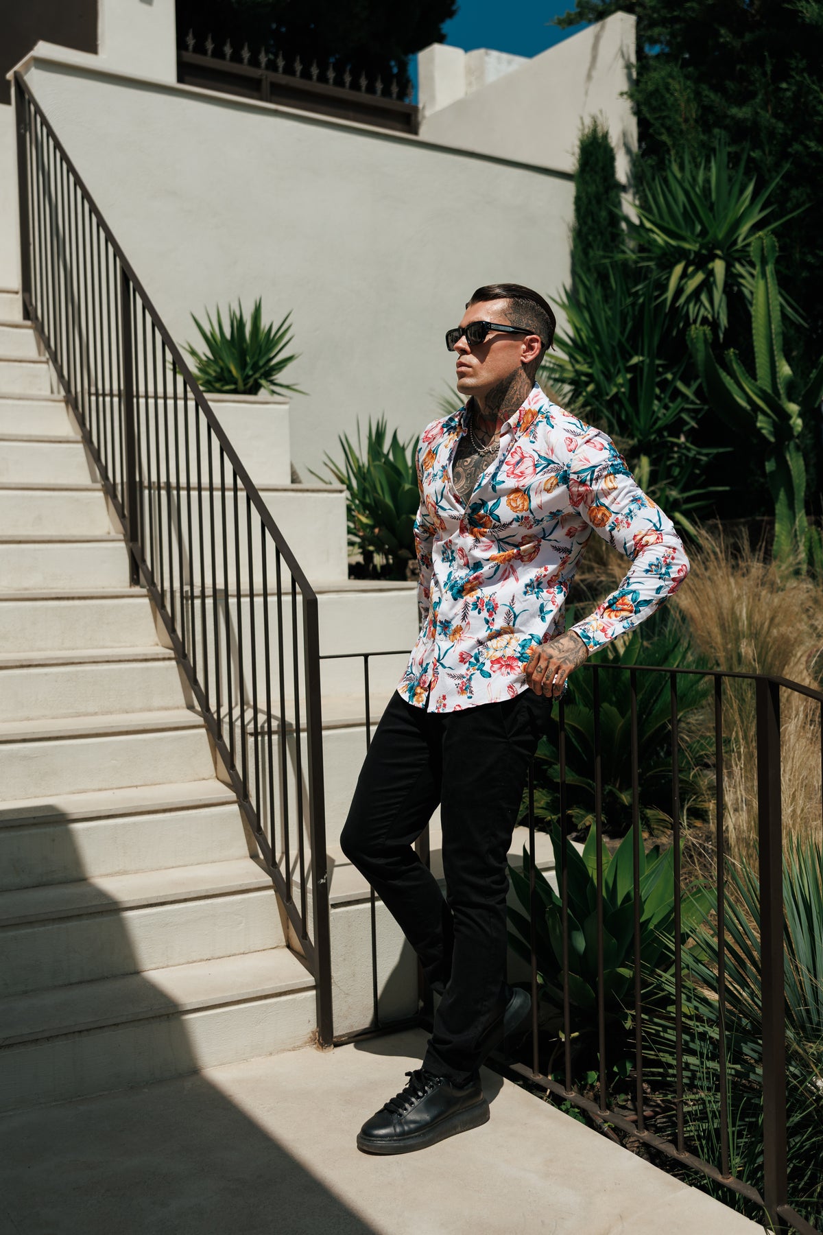 Super Slim Stretch White Vibrant Floral Print Long Sleeve with Button Down Collar - FS1276