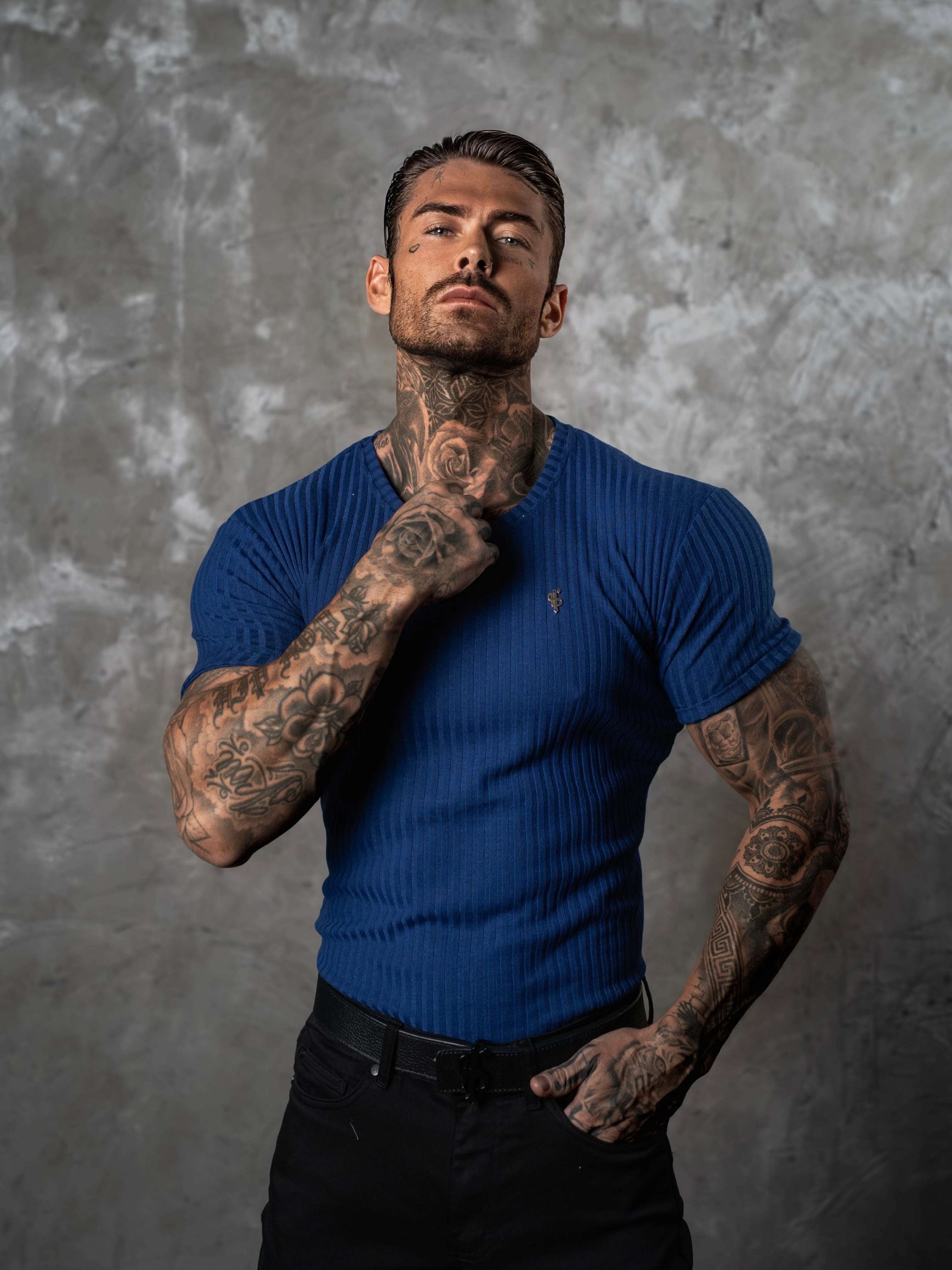 New Navy / Gold Ribbed Knit Super Slim Short Sleeve Crew - FSH1383