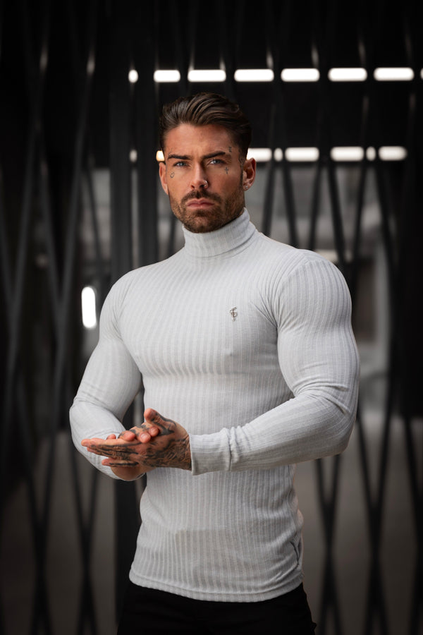 Father Sons Classic Light Grey / Silver Ribbed Knit Roll-neck Sweater - FSH956
