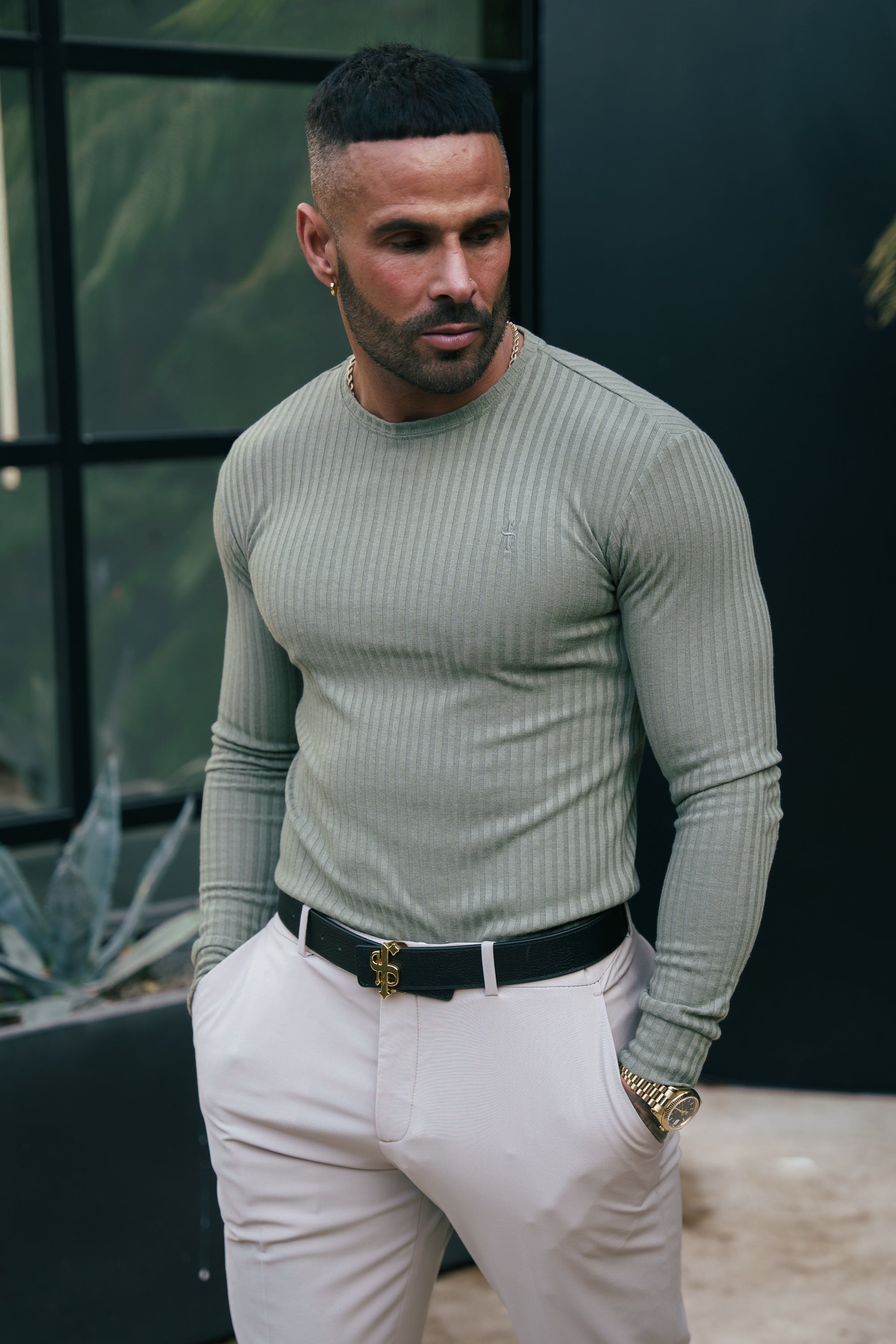 Father Sons Classic Olive Ribbed Knit Jumper With Tonal Embroidery -  FSH1285