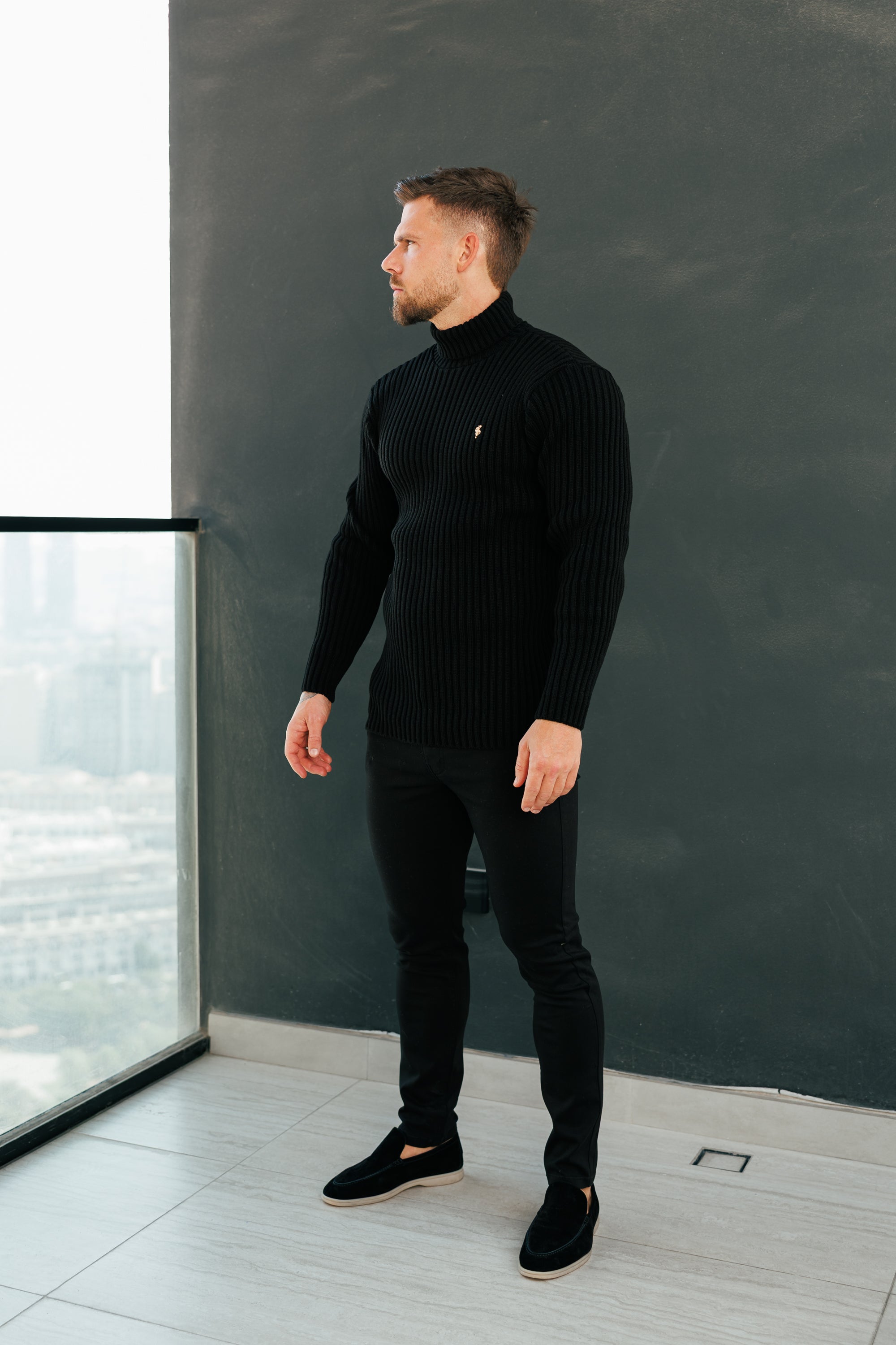 Ribbed Knit Black Roll Neck Jumper - FSJ113