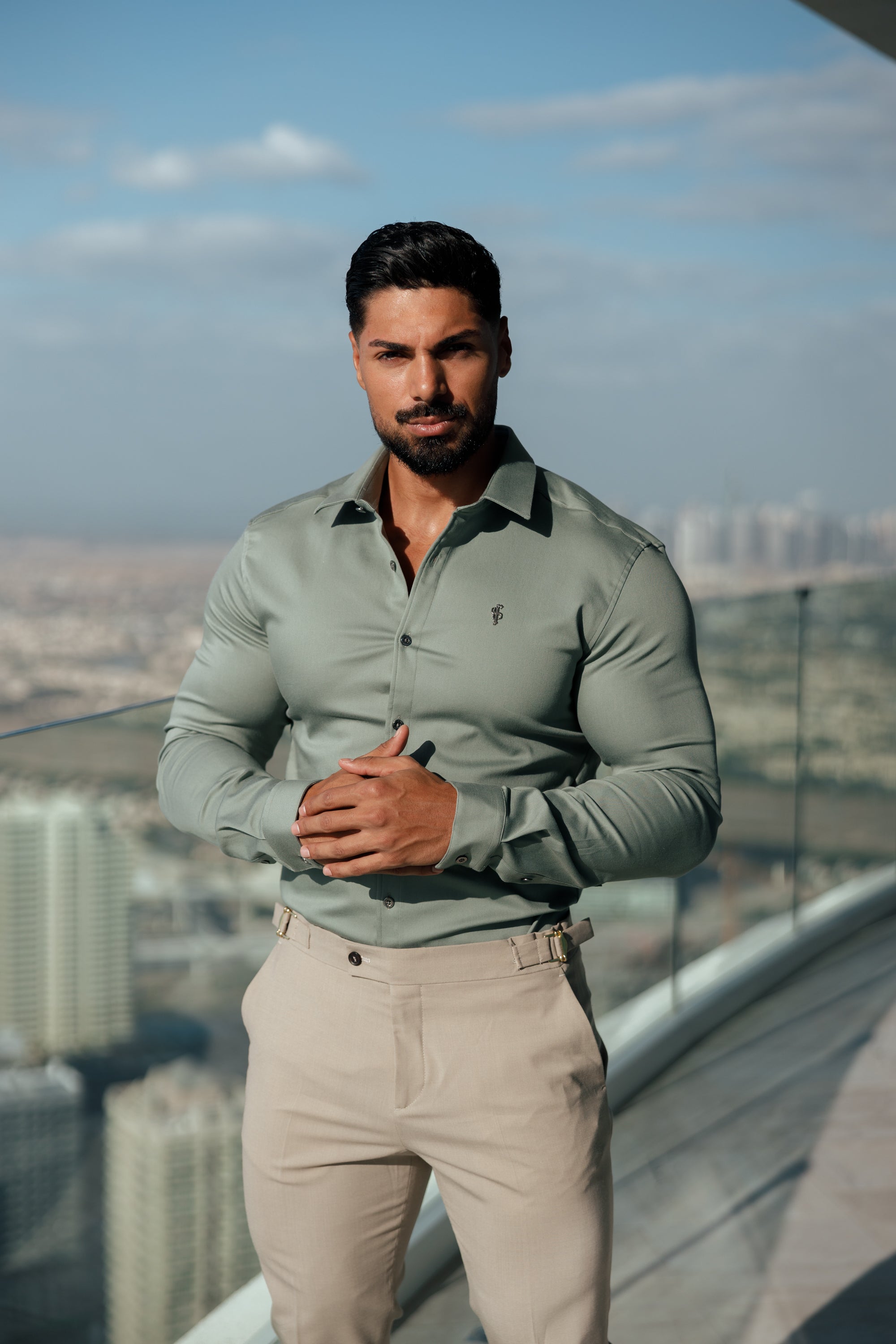 Super Slim Stretch Sage Green Denim Long Sleeve With Metal Buttons and Decal - FS1020