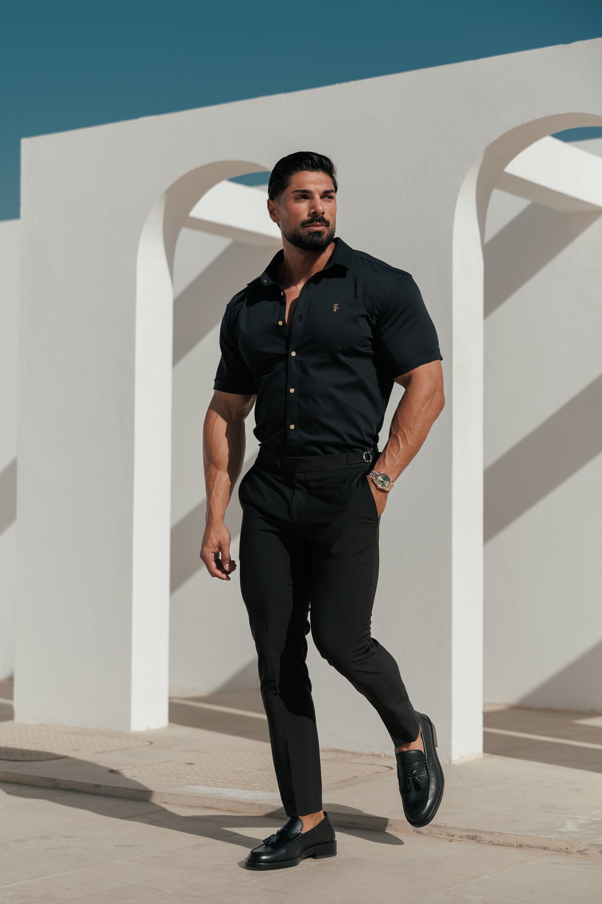 Super Slim Stretch Black Denim Short Sleeve with Gold Metal Decal and Buttons - FS1237