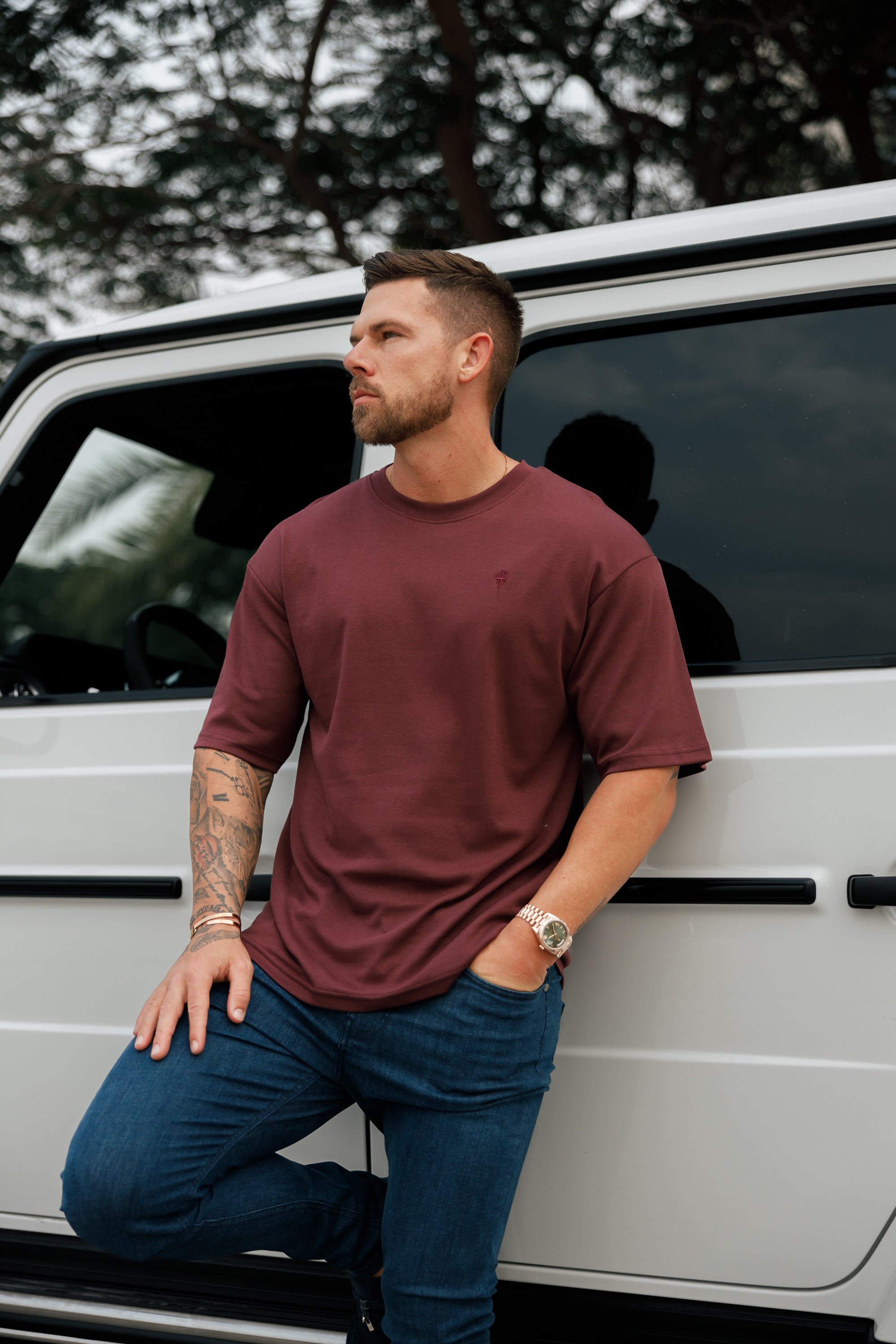 Classic Burgundy Oversized Crew T Shirt - FSH868