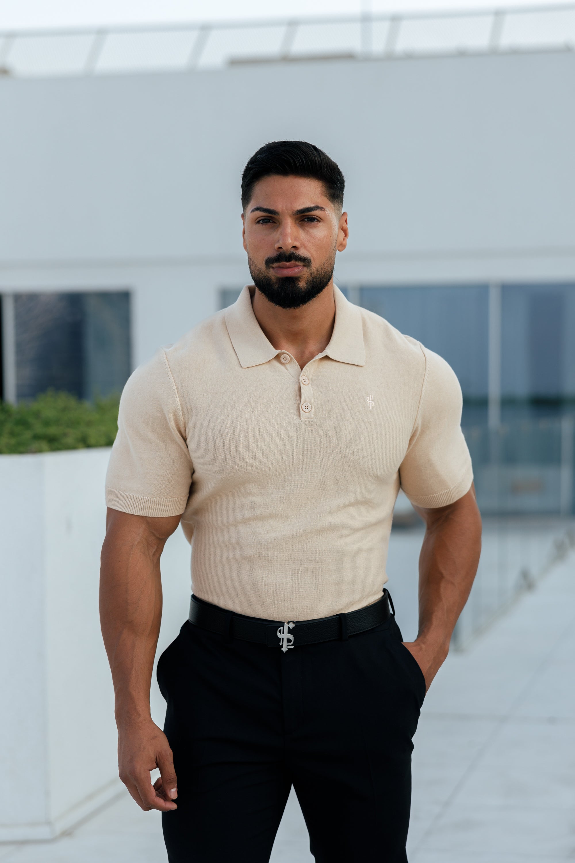 Classic Plain Beige Knitted Polo Short Sleeve - FSN111